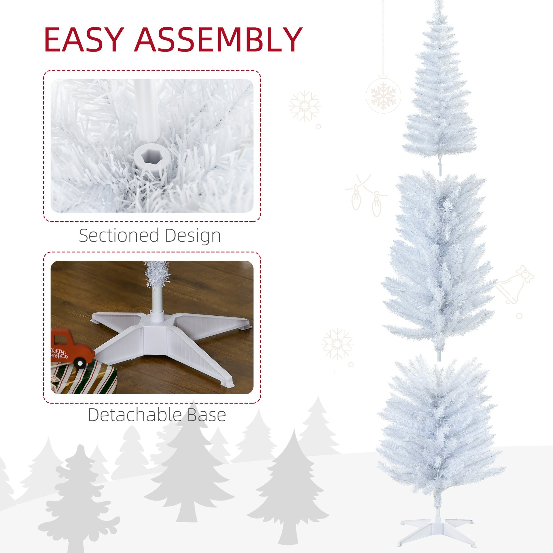HOMCOM 7ft Pencil Christmas Tree, Slim Artificial Christmas Tree with Realistic Branches and Warm White LED Lights, White