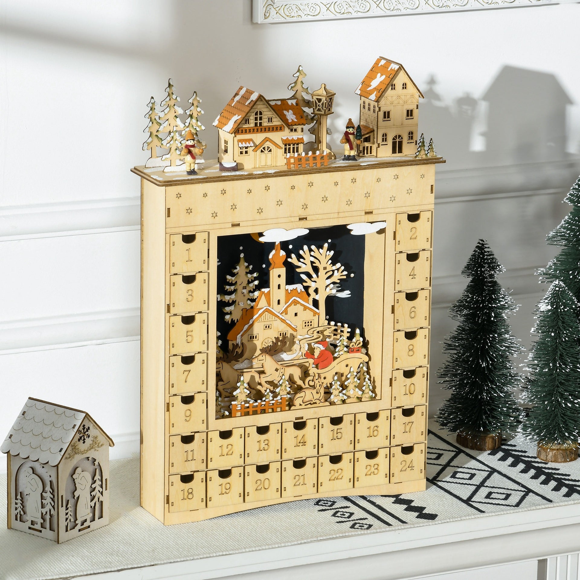 HOMCOM Christmas Advent Calendar, Wooden Countdown to Christmas Table Decoration with 24 Drawers, Lights, Battery Operated