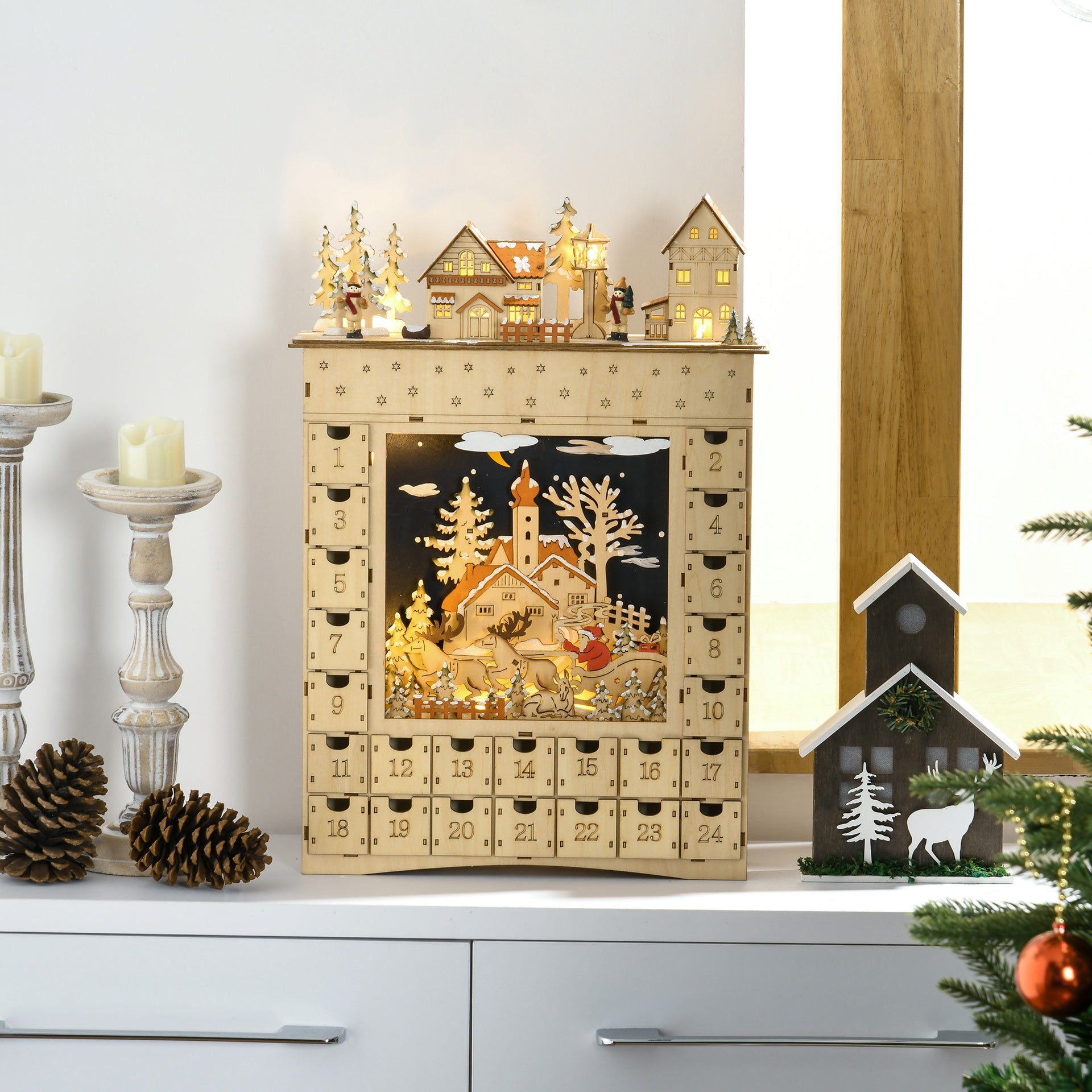 HOMCOM Christmas Advent Calendar, Wooden Countdown to Christmas Table Decoration with 24 Drawers, Lights, Battery Operated