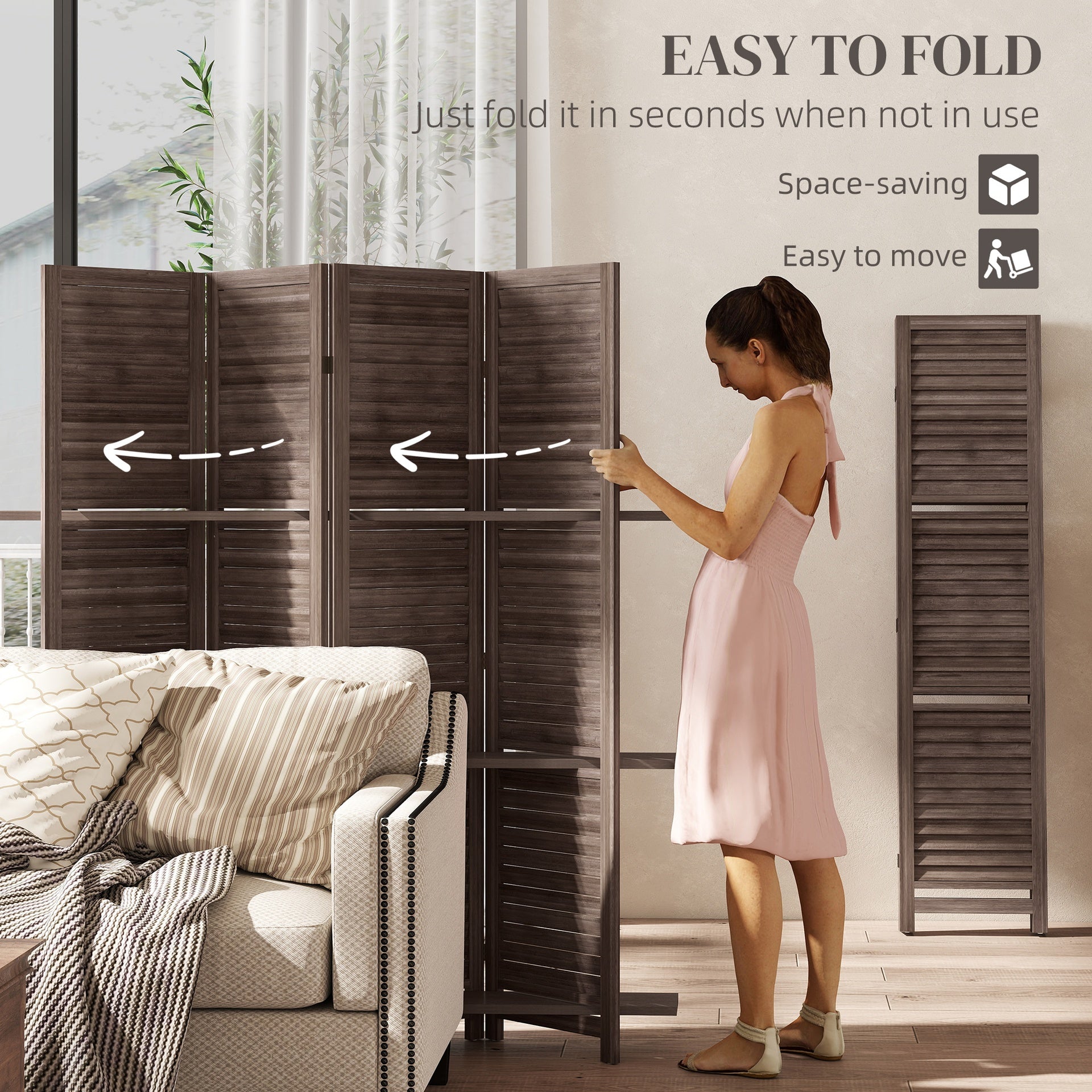 HOMCOM 4 Panel 67" Tall Wood Privacy Screen Room Divider with 3 Shelves and Folding Storage for Bedroom, Walnut