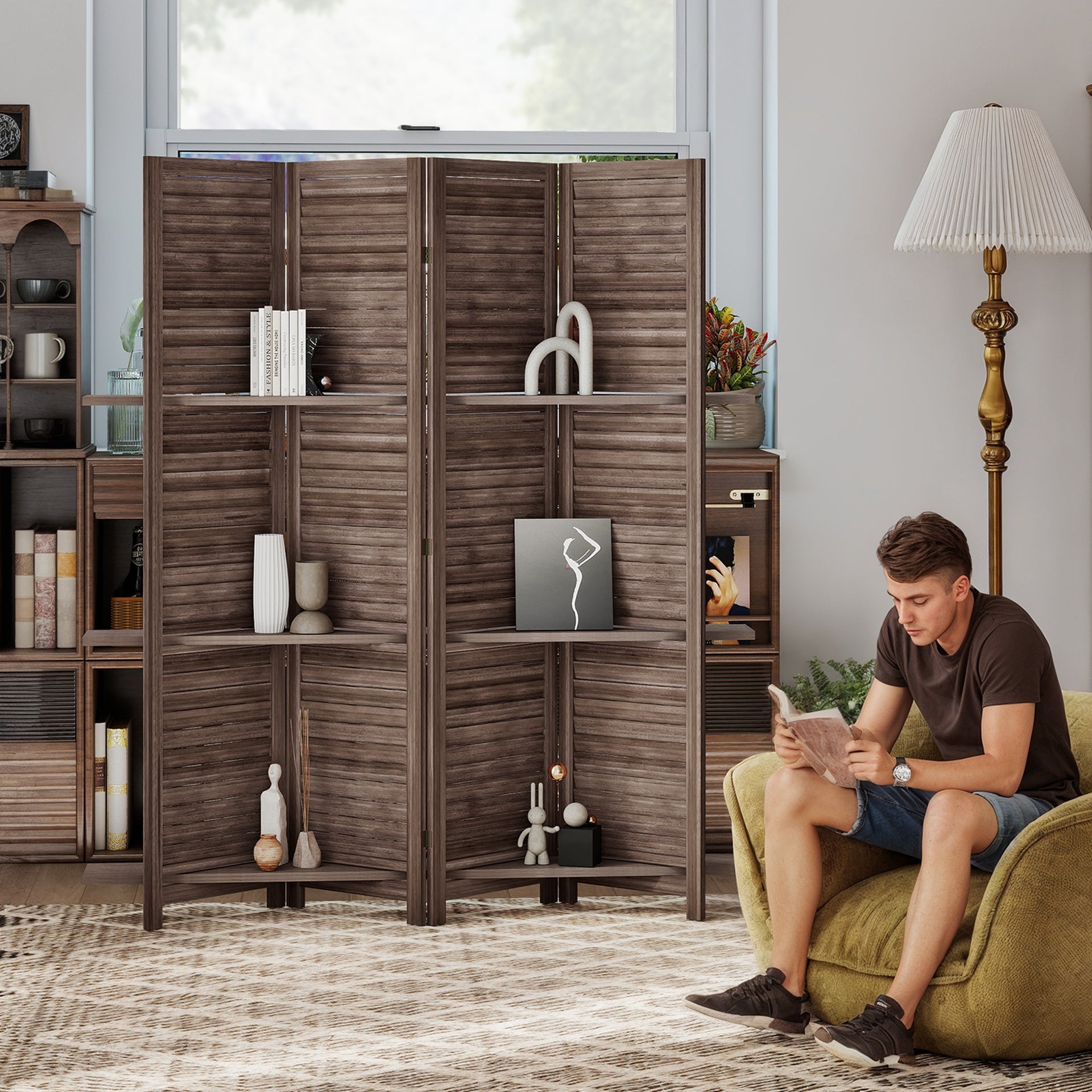 HOMCOM 4 Panel 67" Tall Wood Privacy Screen Room Divider with 3 Shelves and Folding Storage for Bedroom, Walnut