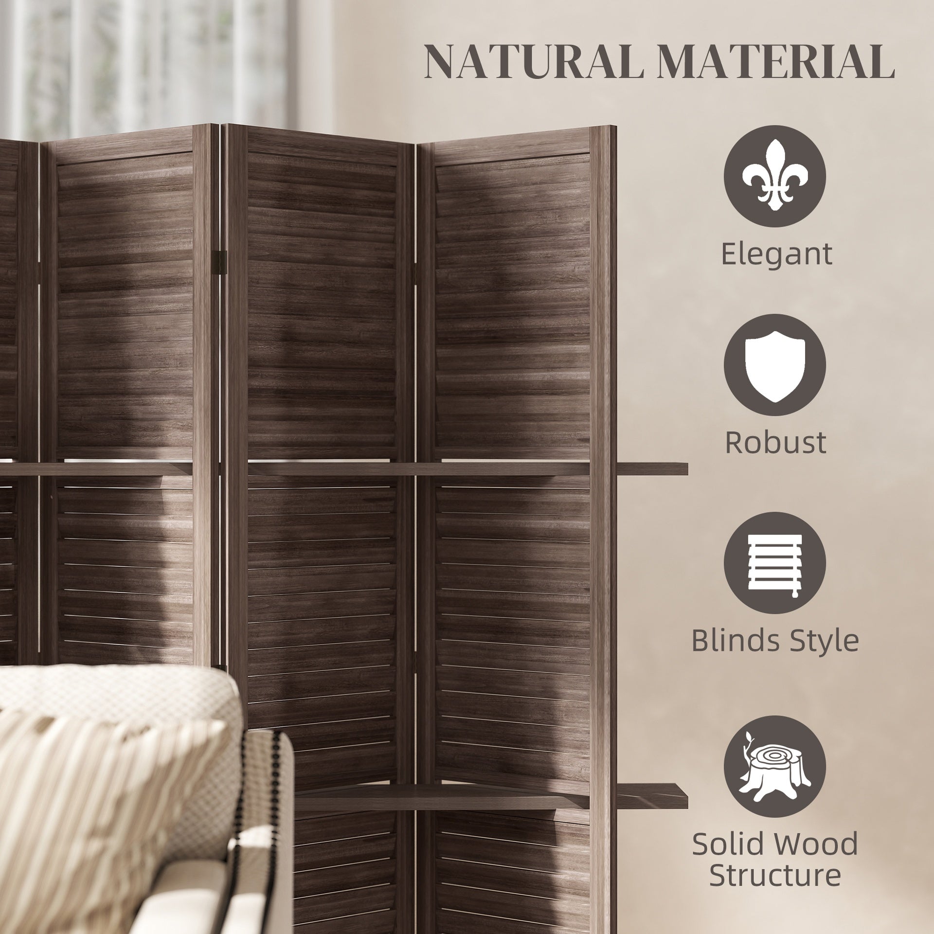 HOMCOM 4 Panel 67" Tall Wood Privacy Screen Room Divider with 3 Shelves and Folding Storage for Bedroom, Walnut