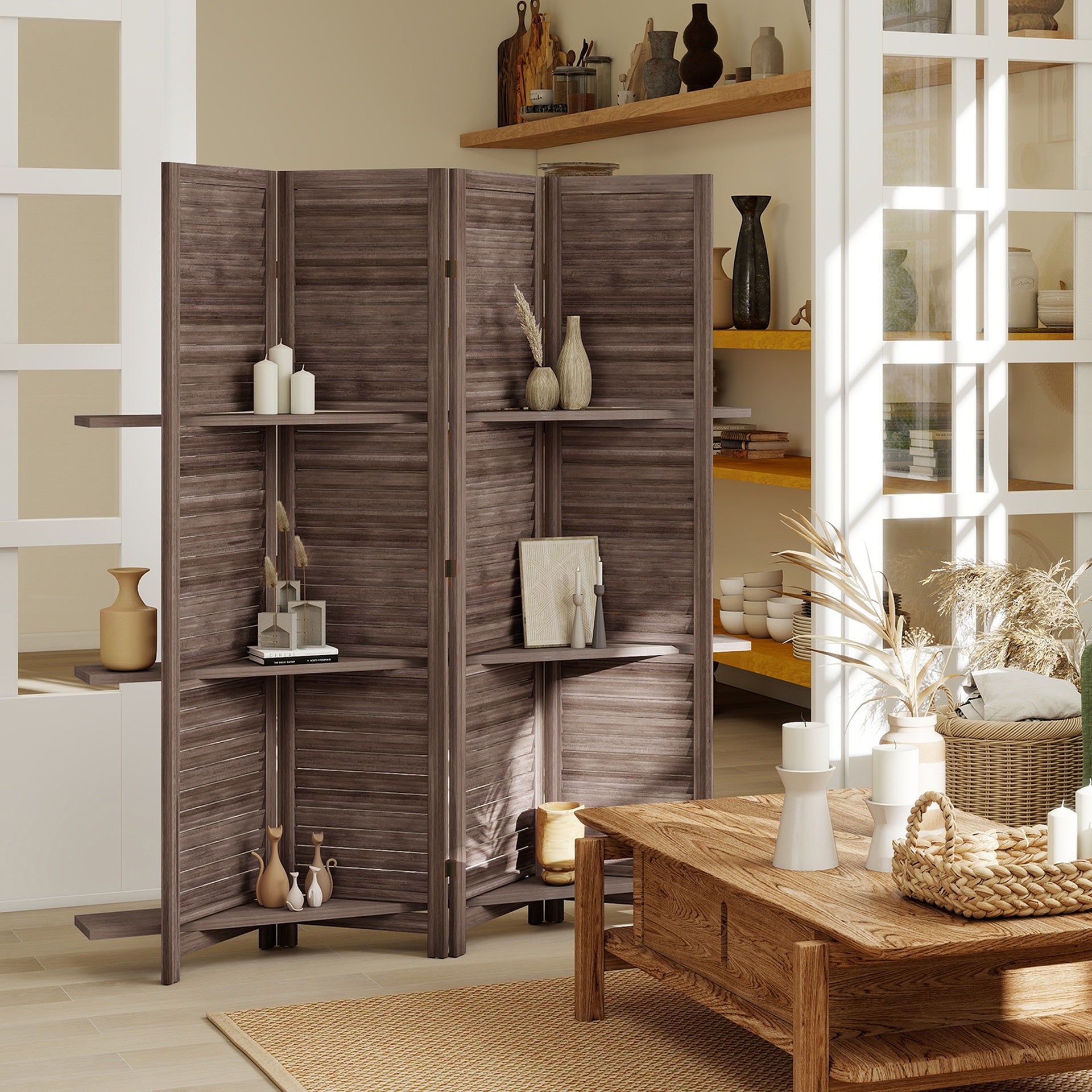 HOMCOM 4 Panel 67" Tall Wood Privacy Screen Room Divider with 3 Shelves and Folding Storage for Bedroom, Walnut