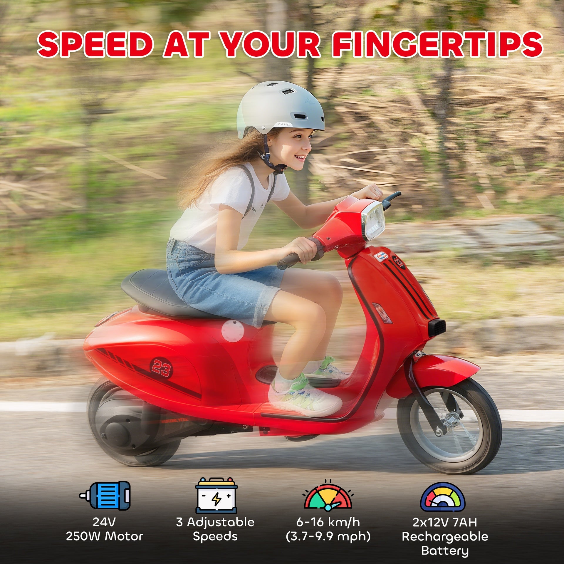 Qaba 24V Kids Motorcycle with 3-Speed, Electric Motorcycle with Rear Suspension and LED Lights for 8-12 Years Old, Red