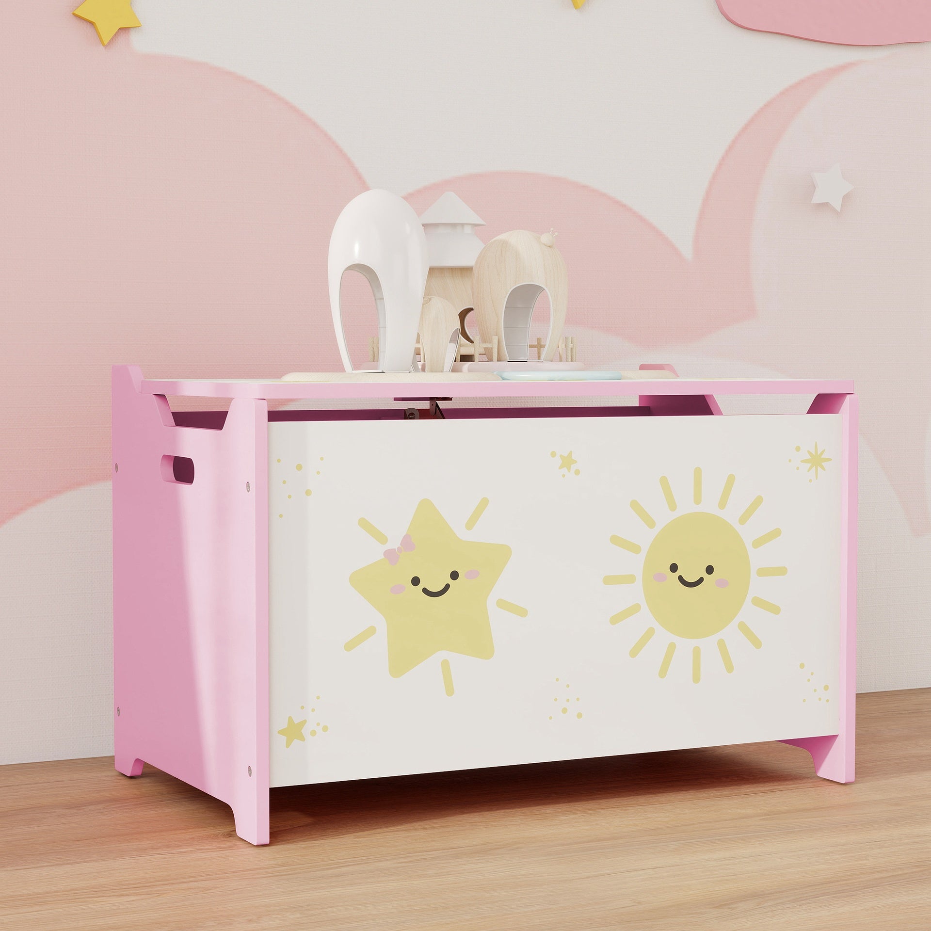 Qaba Toy Box with Lid, Safety Hinges and Groove Handles, Toy Storage Organizer for Kids, Living Room, Playroom, Pink