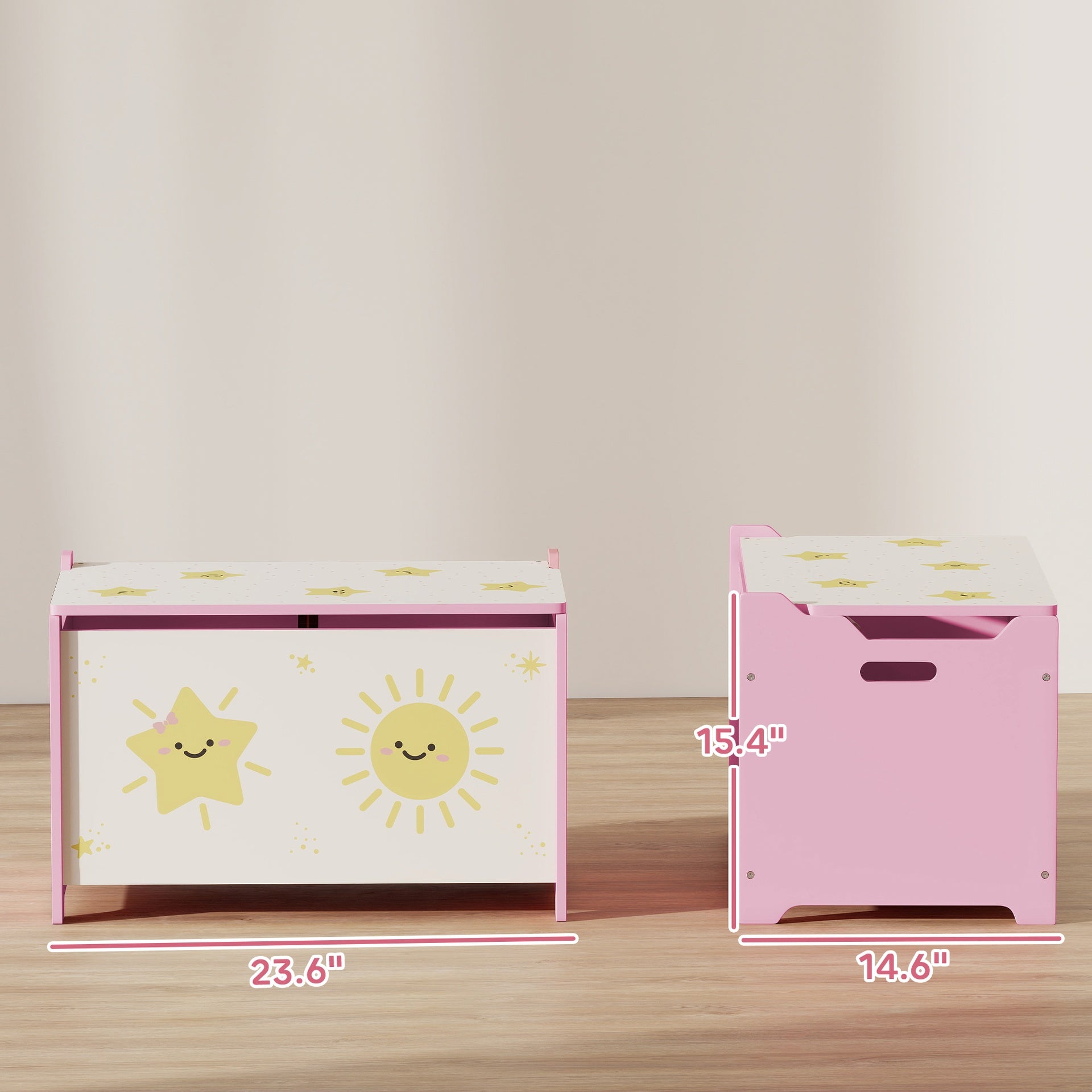 Qaba Toy Box with Lid, Safety Hinges and Groove Handles, Toy Storage Organizer for Kids, Living Room, Playroom, Pink