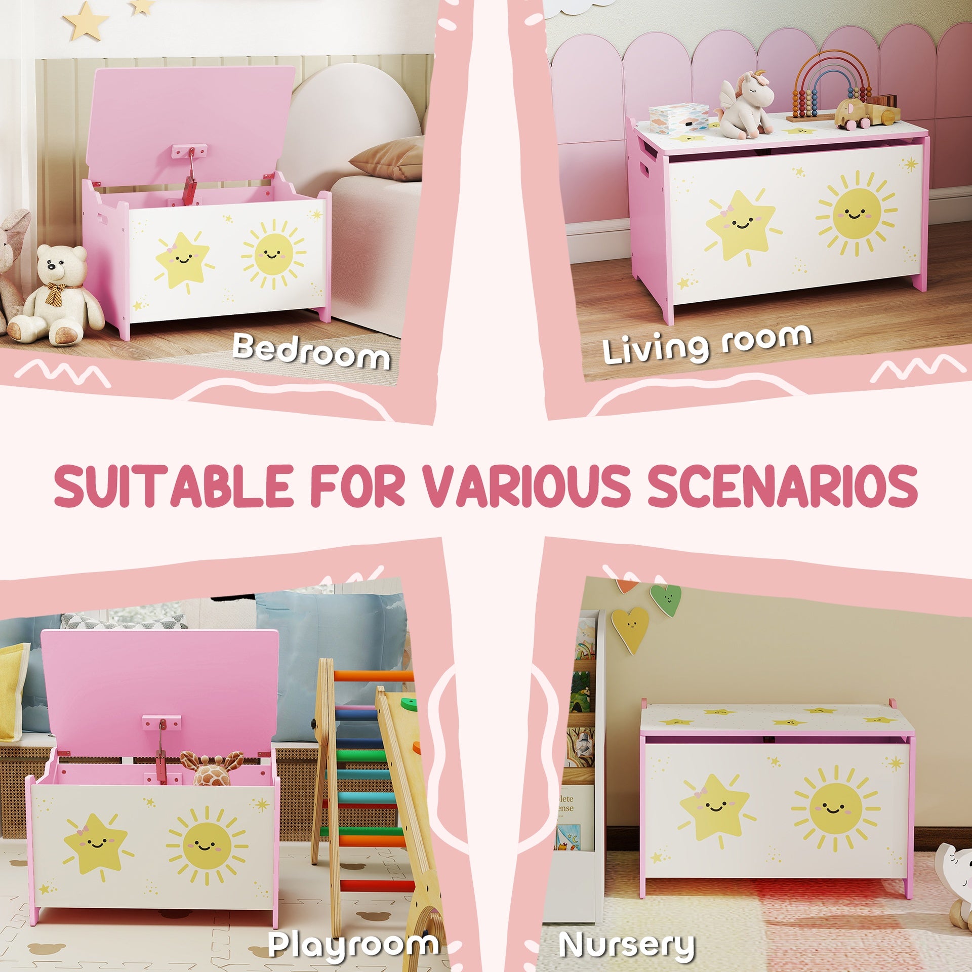 Qaba Toy Box with Lid, Safety Hinges and Groove Handles, Toy Storage Organizer for Kids, Living Room, Playroom, Pink