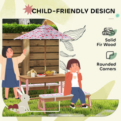 Qaba Kids Picnic Table Set with Foldable Umbrella, Removable Cushions & Boxes, Flamingo Theme, Pink