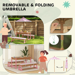 Qaba Kids Picnic Table Set with Foldable Umbrella, Removable Cushions & Boxes, Flamingo Theme, Pink