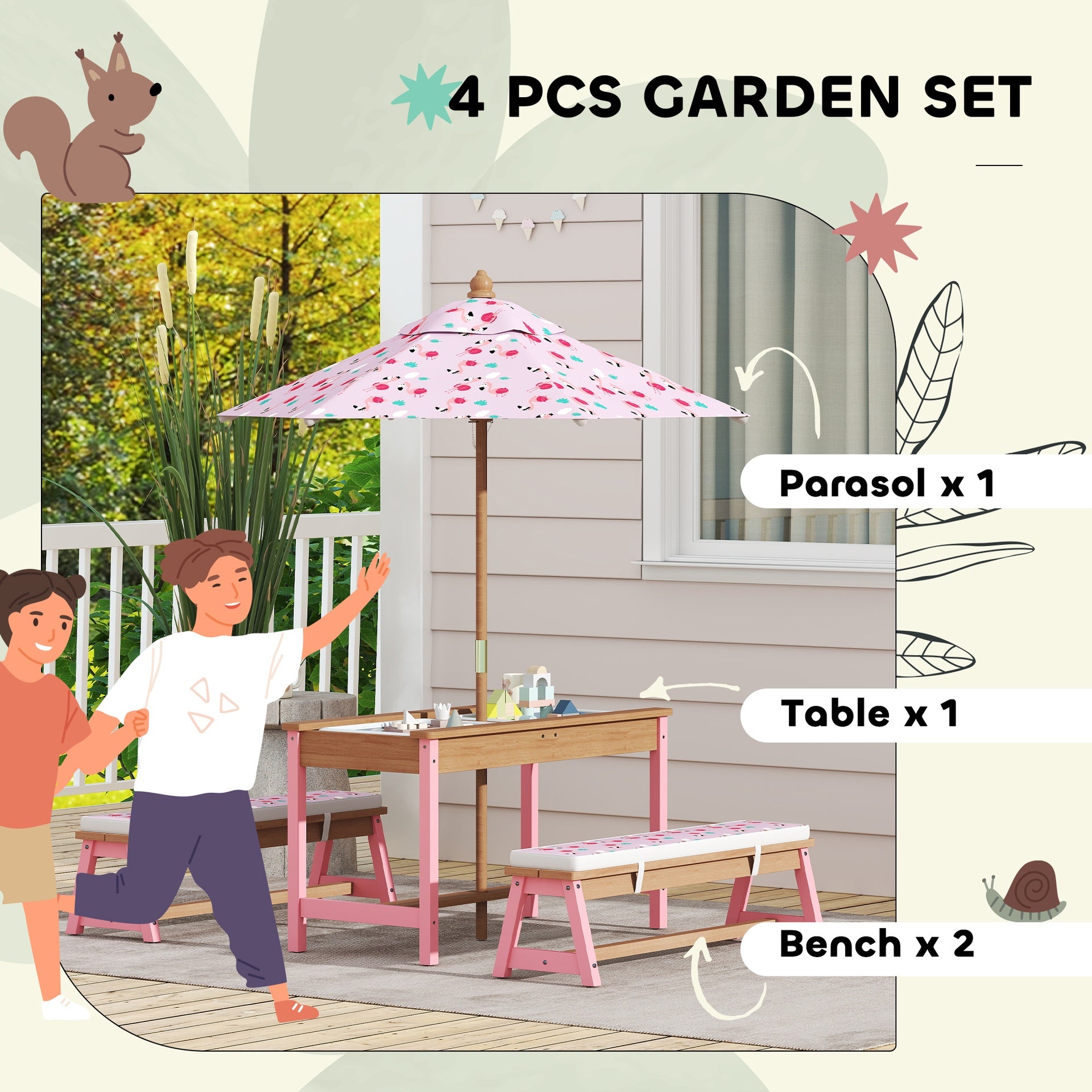 Qaba Kids Picnic Table Set with Foldable Umbrella, Removable Cushions & Boxes, Flamingo Theme, Pink
