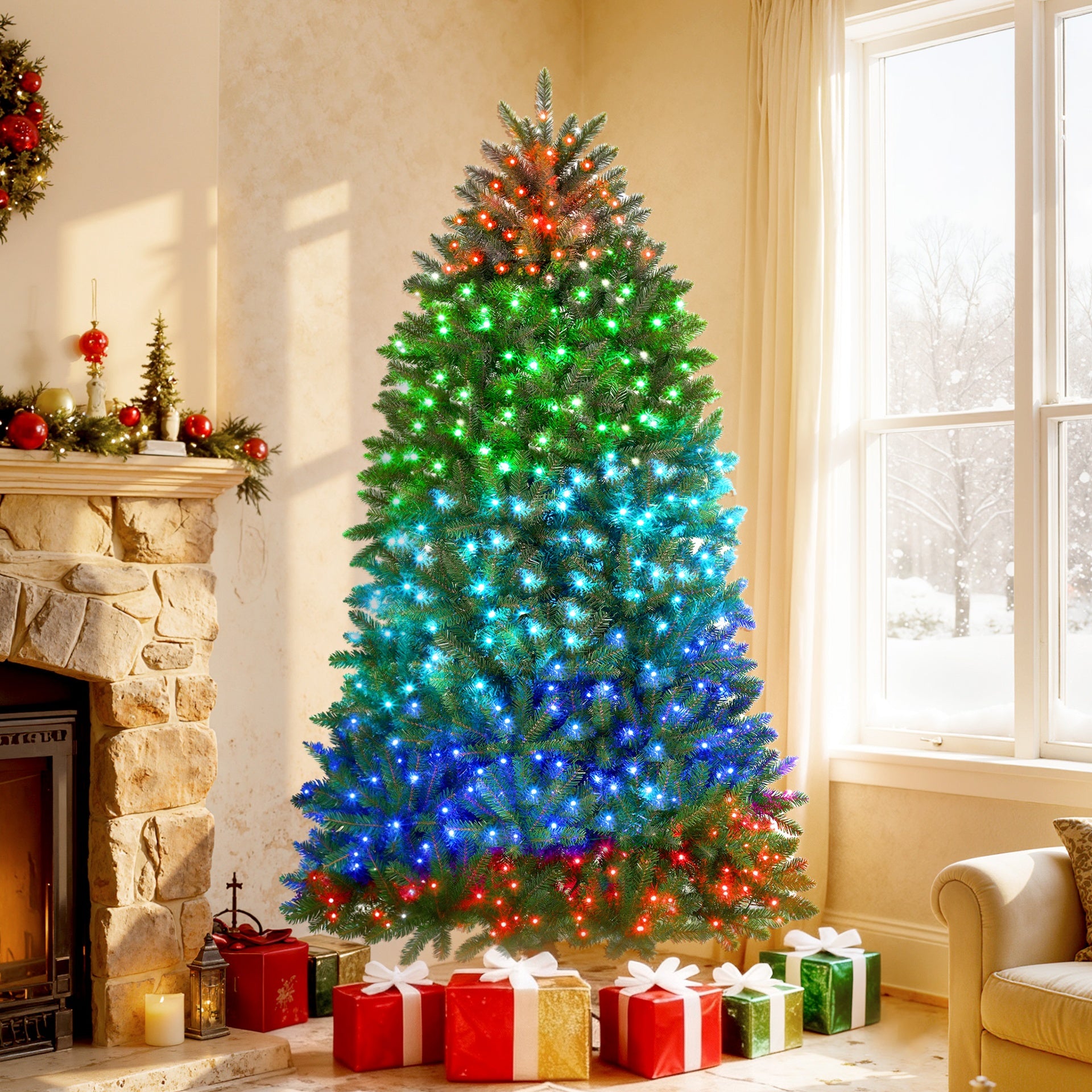 HOMCOM 6ft Prelit Christmas Tree with Full-Spectrum LEDs, Smart App Control, Wide Full Hinged Xmas Tree, Easy Assembly