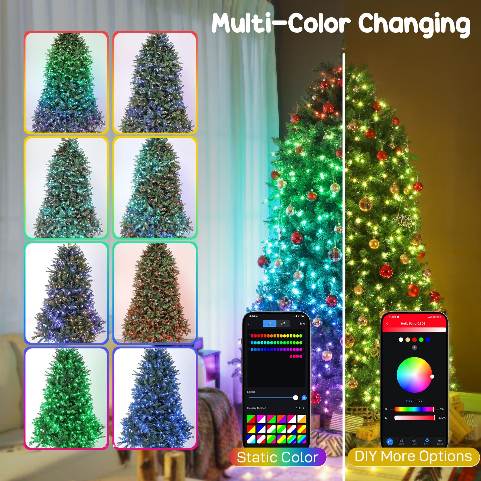 HOMCOM 6ft Prelit Christmas Tree with Full-Spectrum LEDs, Smart App Control, Wide Full Hinged Xmas Tree, Easy Assembly