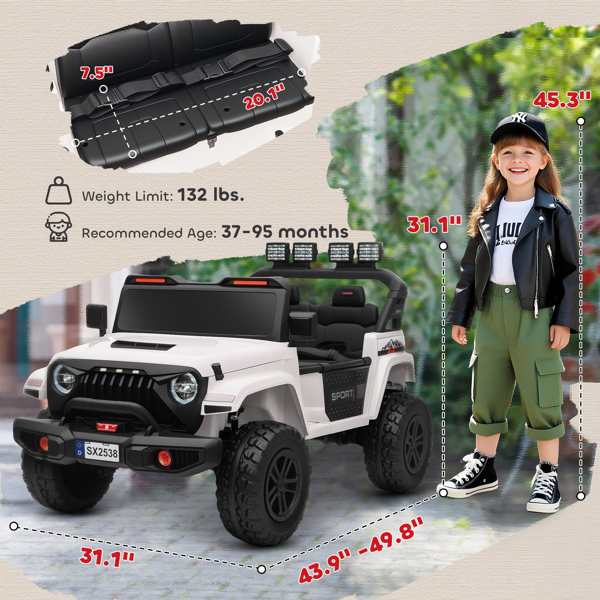 Qaba Ride on Truck Car with 2-Seater, 24V Electric Car with 4 Motors, Remote Control, Spring Suspension for 3-8 Years, White