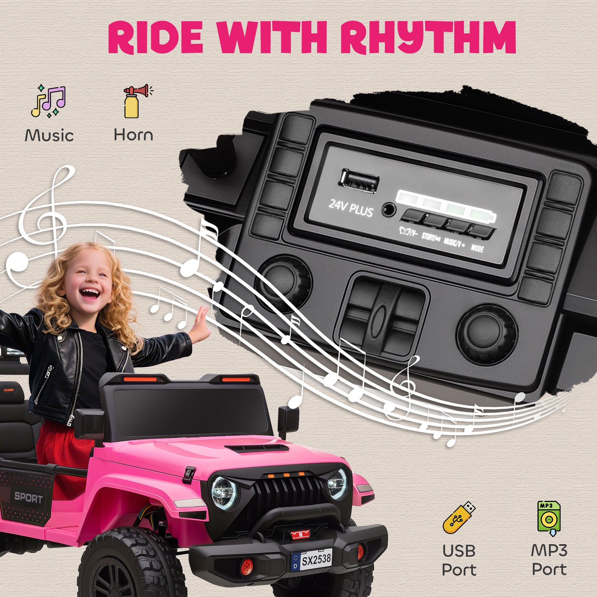 Qaba Ride on Truck Car with 2-Seater, 24V Electric Car with 4 Motors, Remote Control, Spring Suspension for 3-8 Years, Pink