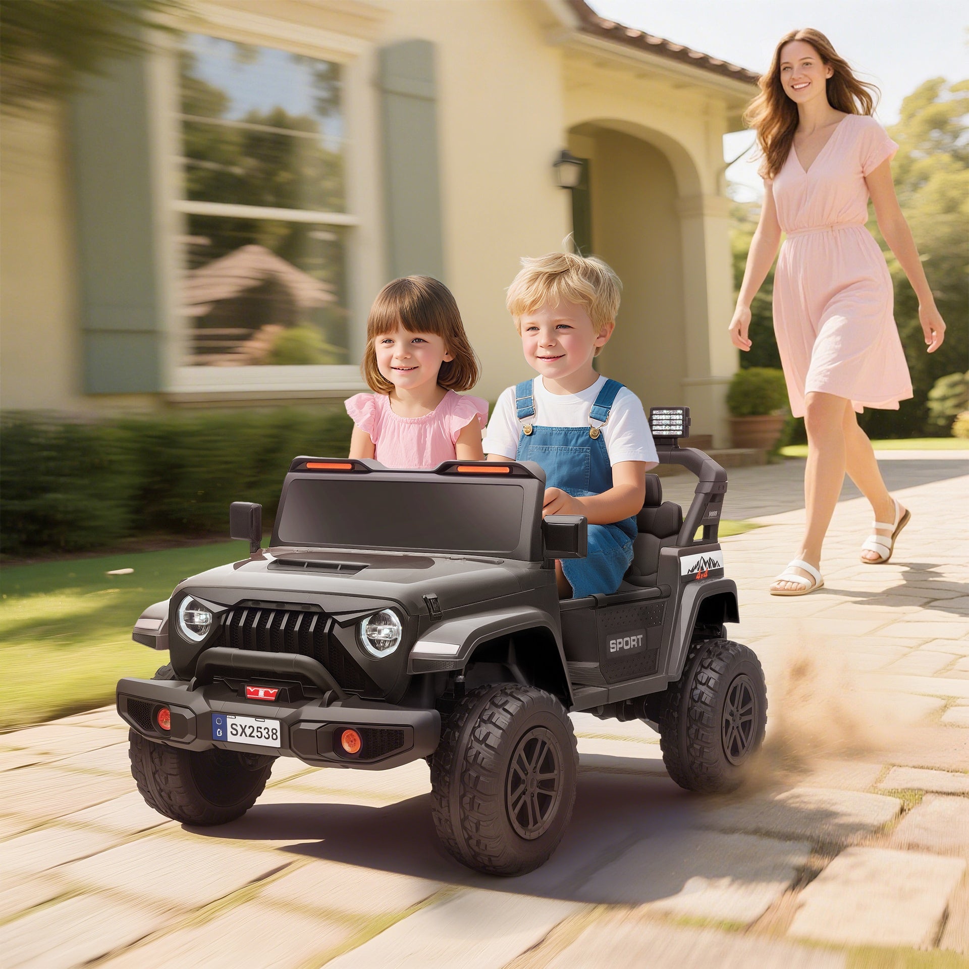 Qaba Ride on Truck Car with 2-Seater, 24V Electric Car with 4 Motors, Remote Control, Spring Suspension for 3-8 Years, Black