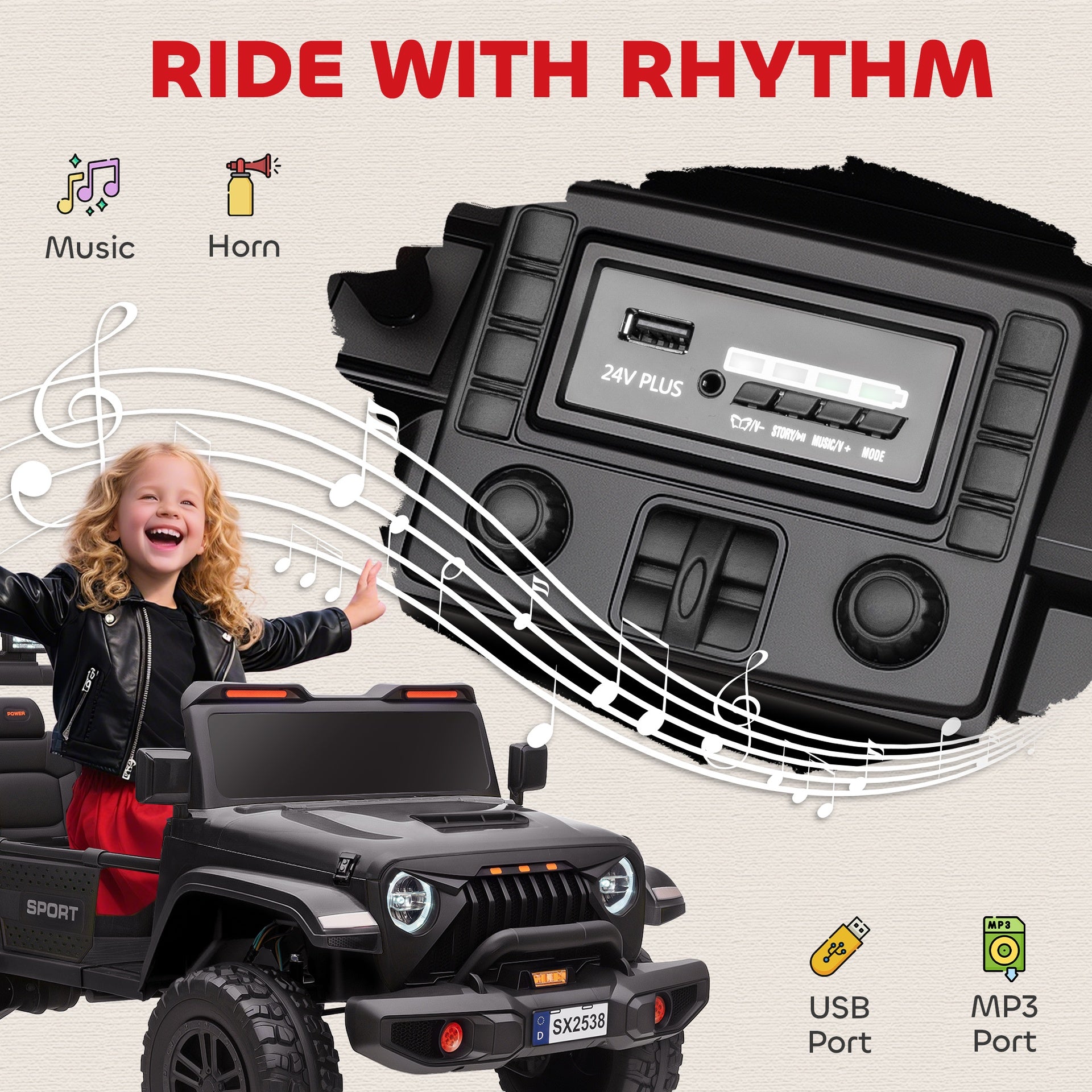 Qaba Ride on Truck Car with 2-Seater, 24V Electric Car with 4 Motors, Remote Control, Spring Suspension for 3-8 Years, Black