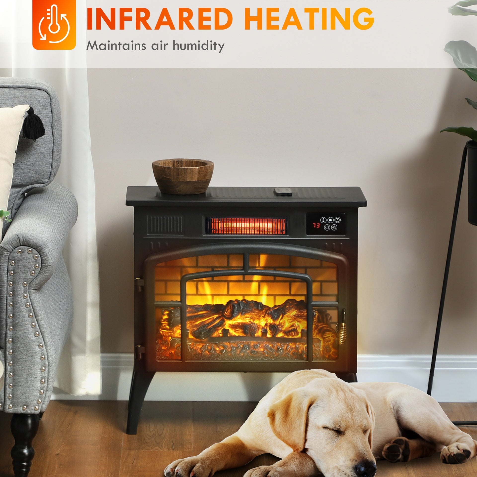 HOMCOM Electric Fireplace Stove, Infrared Fireplace Heater with Realistic Flame & Adjustable Temperature, 1500W, Black