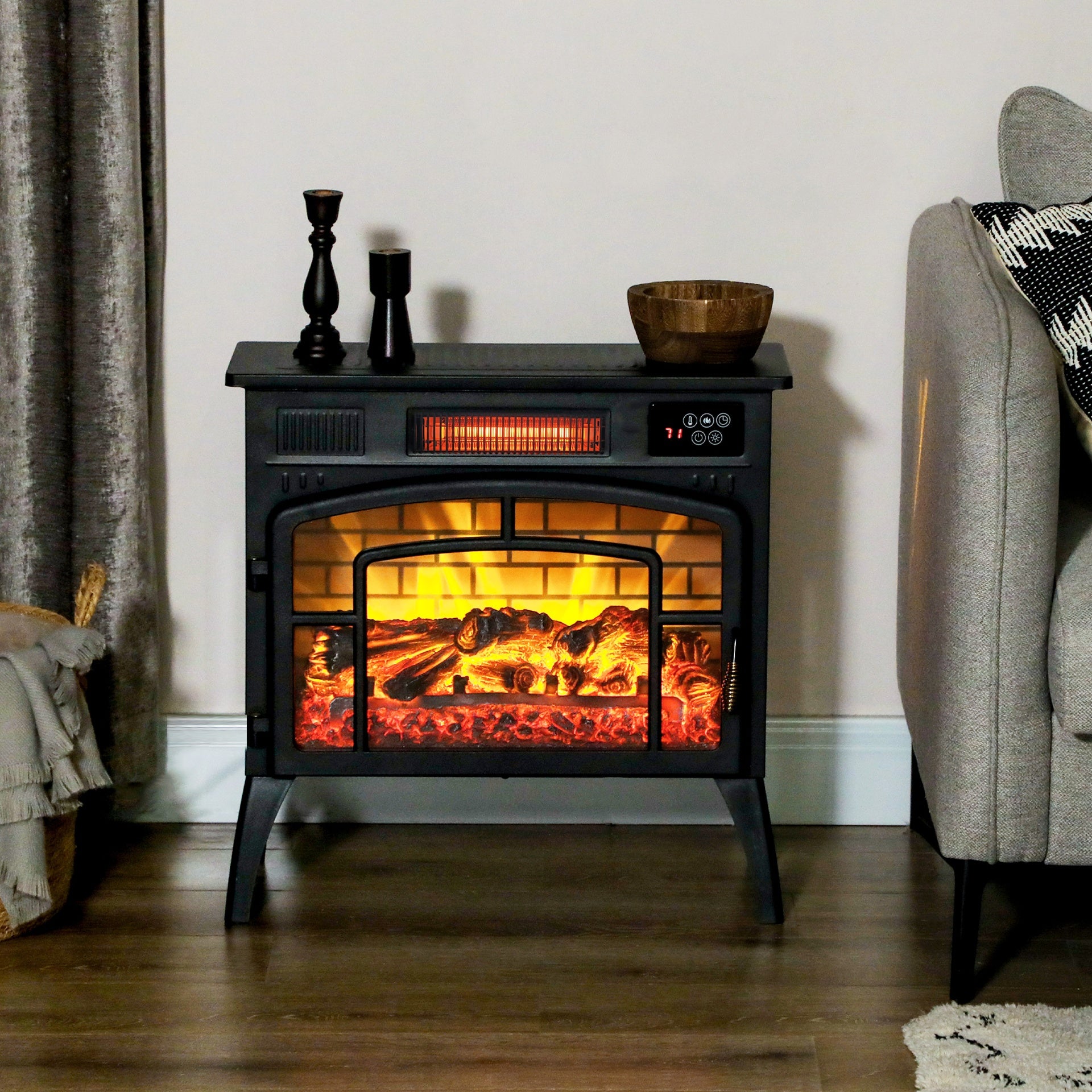 HOMCOM Electric Fireplace Stove, Infrared Fireplace Heater with Realistic Flame & Adjustable Temperature, 1500W, Black