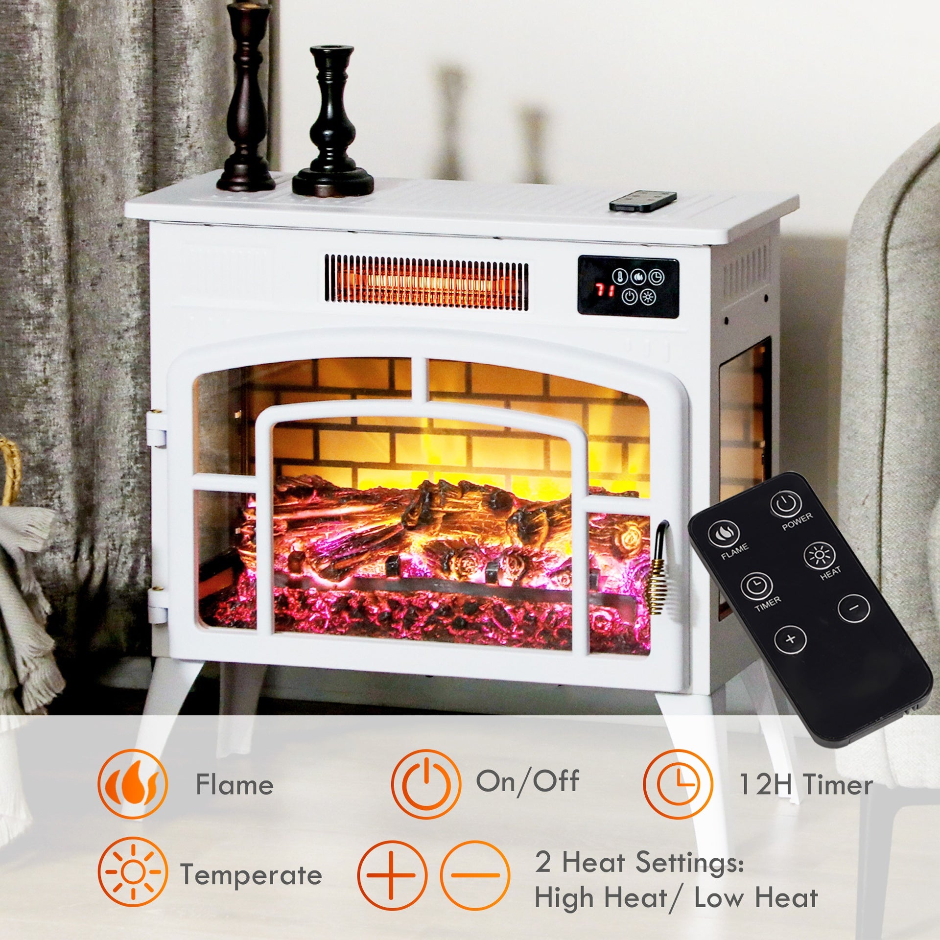 HOMCOM Electric Fireplace Stove, Infrared Fireplace Heater with Realistic Flame & Adjustable Temperature, 1500W, White