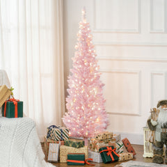 HOMCOM 5ft Pencil Christmas Tree, Slim Artificial Christmas Tree with Snow Flocked Branches and Warm White LED Lights, Pink