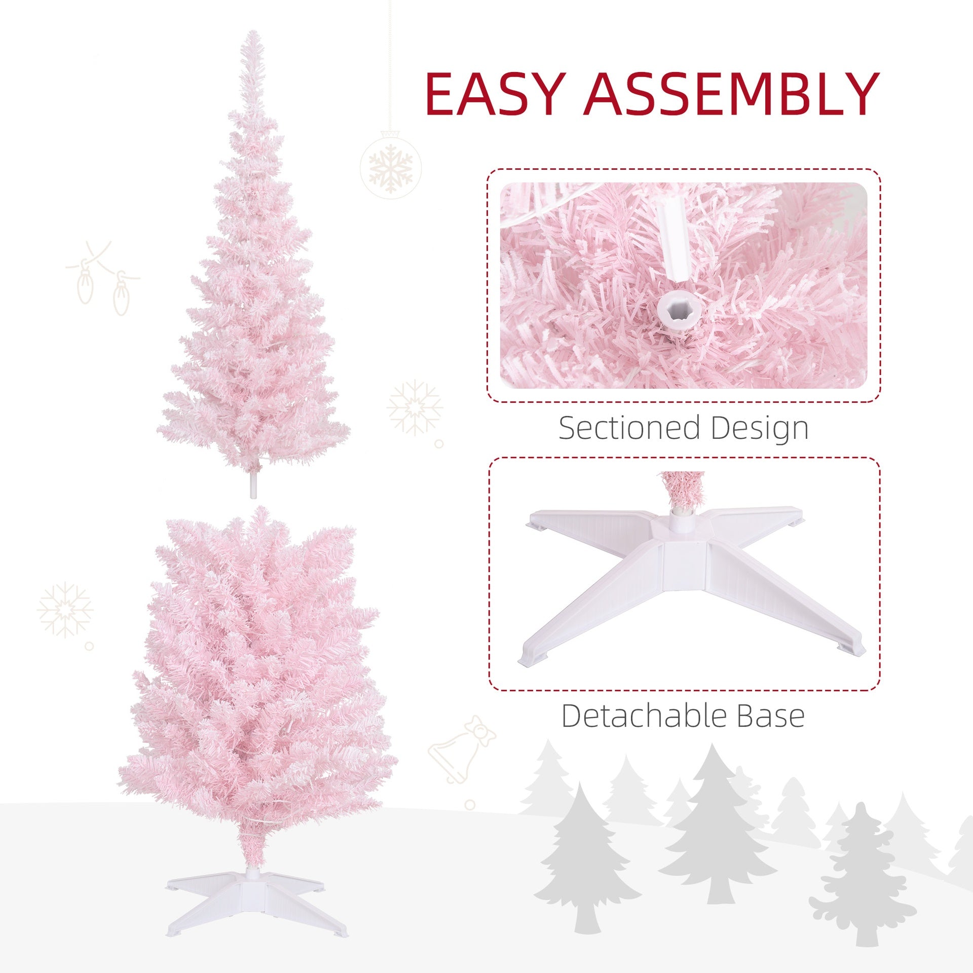 HOMCOM 5ft Pencil Christmas Tree, Slim Artificial Christmas Tree with Snow Flocked Branches and Warm White LED Lights, Pink