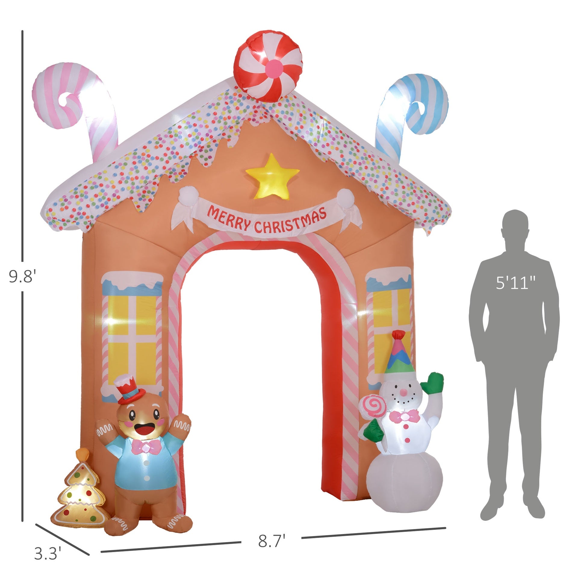 Outsunny 10FT Giant Inflatable Candy House Archway, Christmas Blow Up Arch with LED Lights for Indoor, Outdoor, Yard