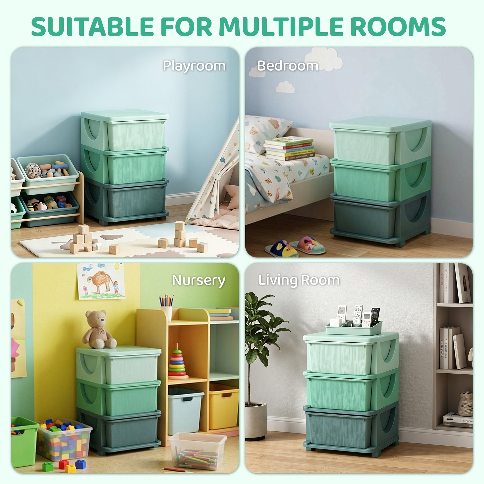 Qaba 3 Tier Kids Storage Unit, Toy Organizers and Storage with 3 Drawer for Bedroom Nursery Living Room for Boys Girls Green