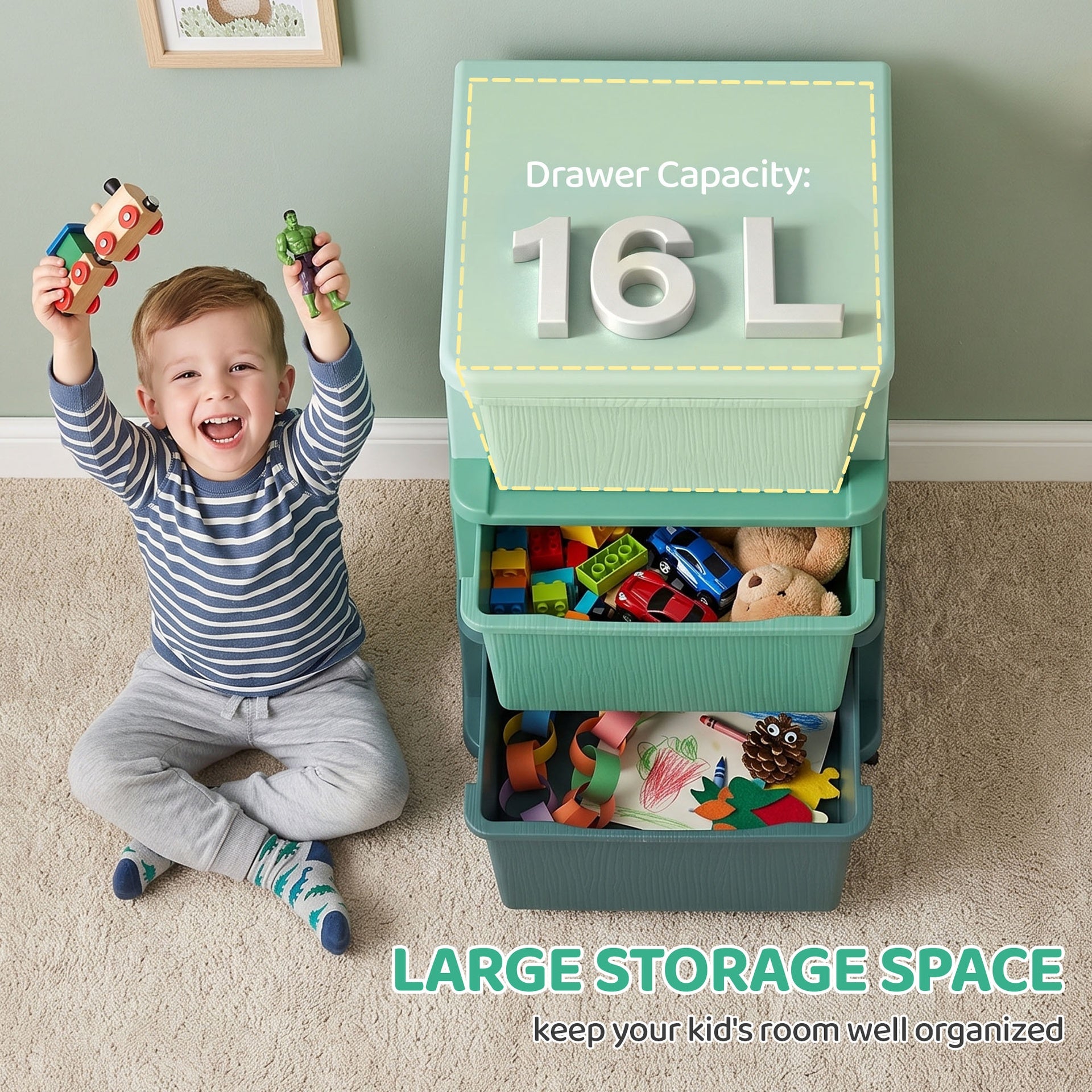 Qaba 3 Tier Kids Storage Unit, Toy Organizers and Storage with 3 Drawer for Bedroom Nursery Living Room for Boys Girls Green
