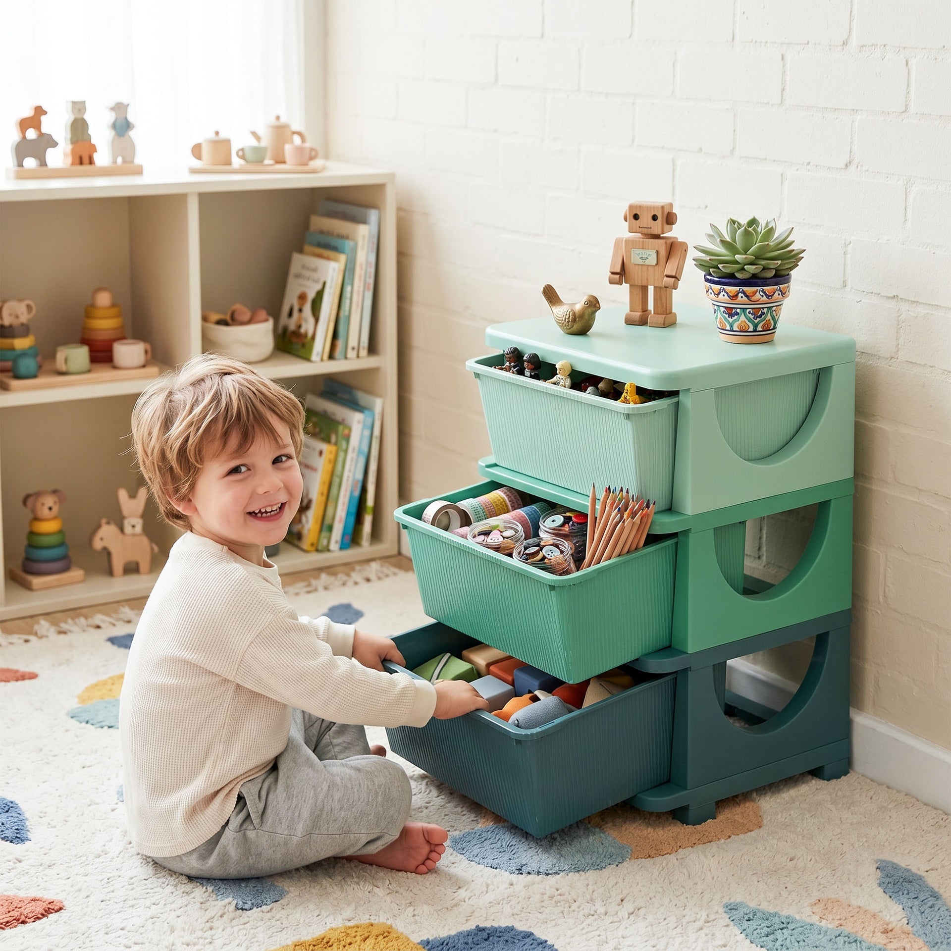 Qaba 3 Tier Kids Storage Unit, Toy Organizers and Storage with 3 Drawer for Bedroom Nursery Living Room for Boys Girls Green