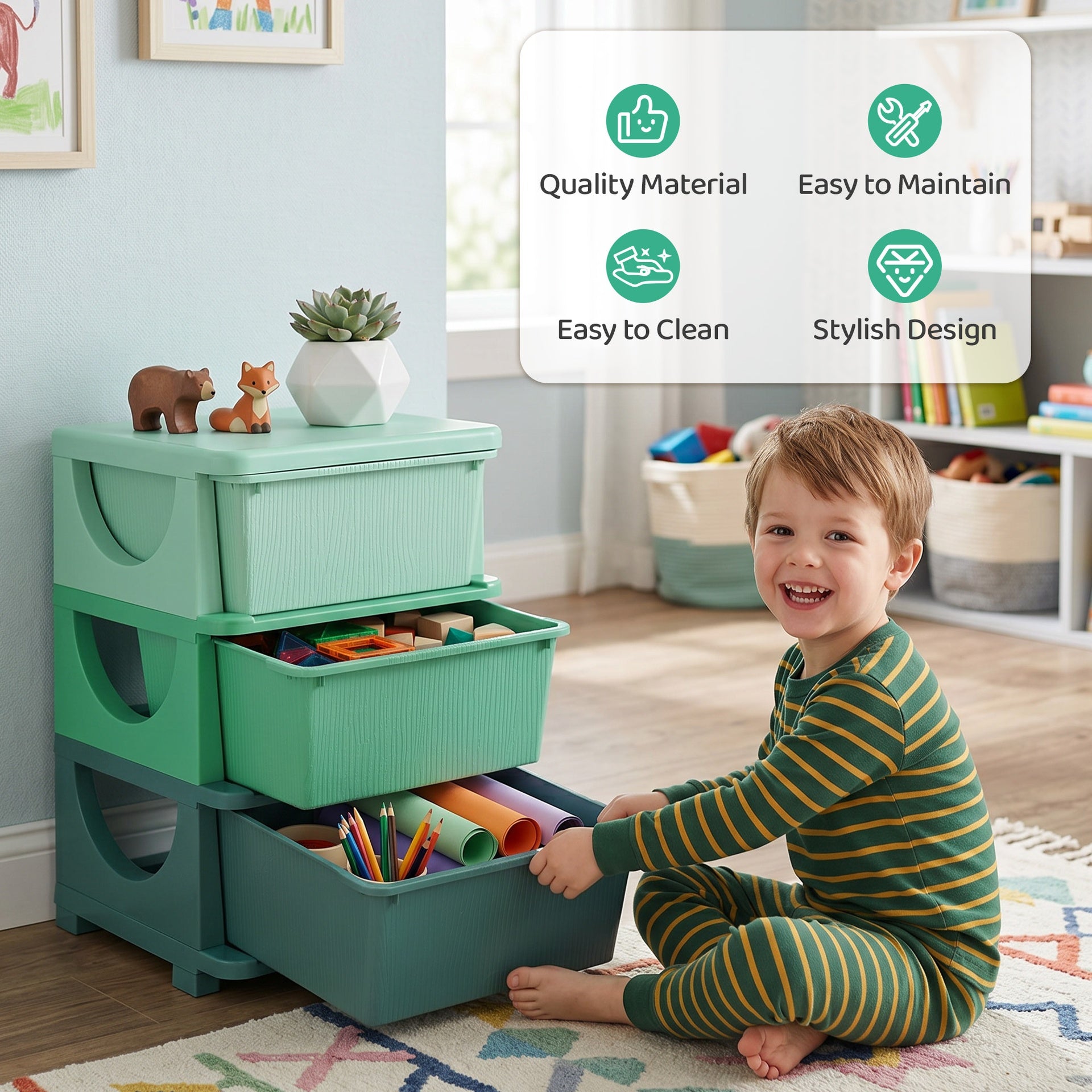 Qaba 3 Tier Kids Storage Unit, Toy Organizers and Storage with 3 Drawer for Bedroom Nursery Living Room for Boys Girls Green