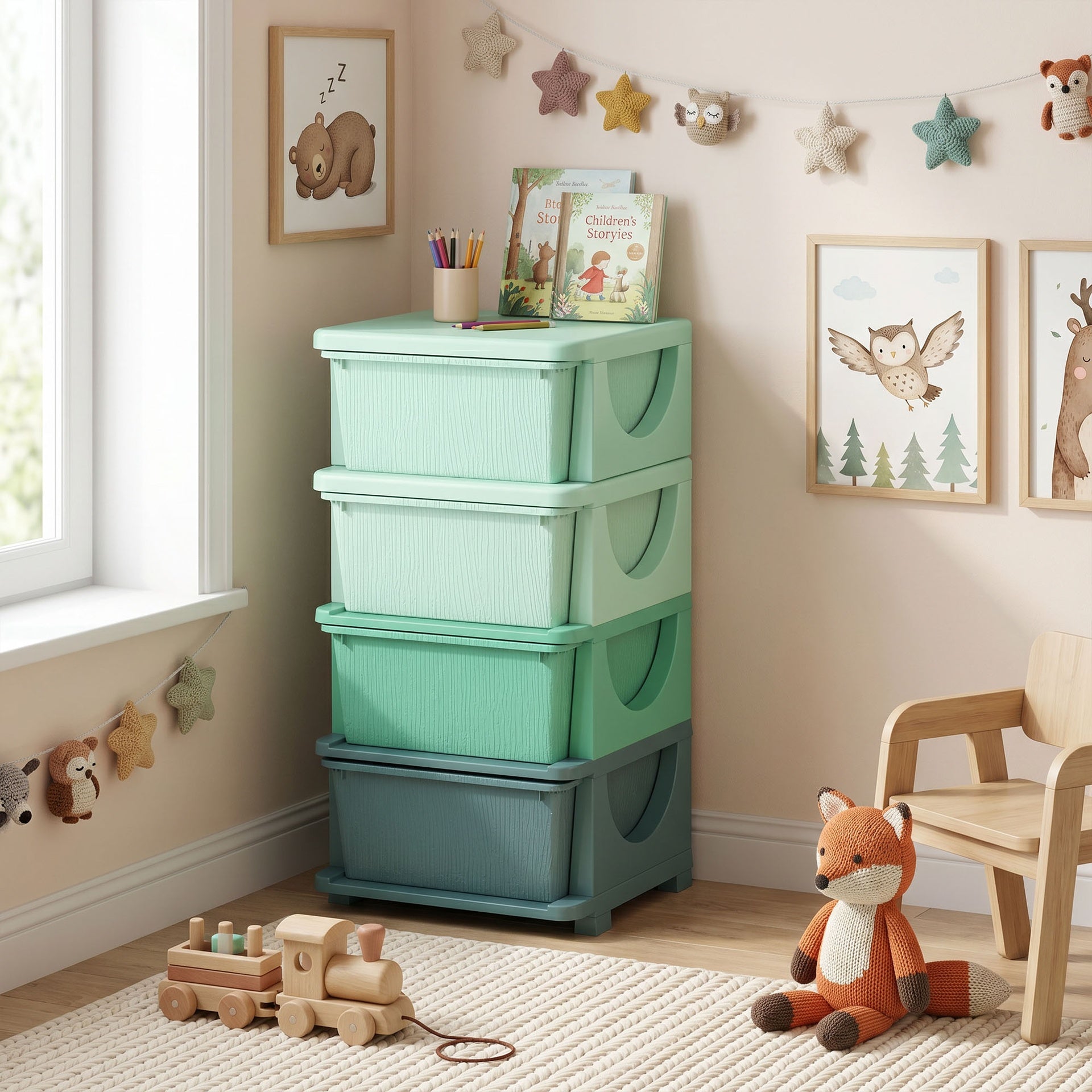 Qaba 4 Tier Kids Storage Unit, Toy Organizers and Storage with 4 Drawer for Bedroom Nursery Living Room for Boys Girls Green