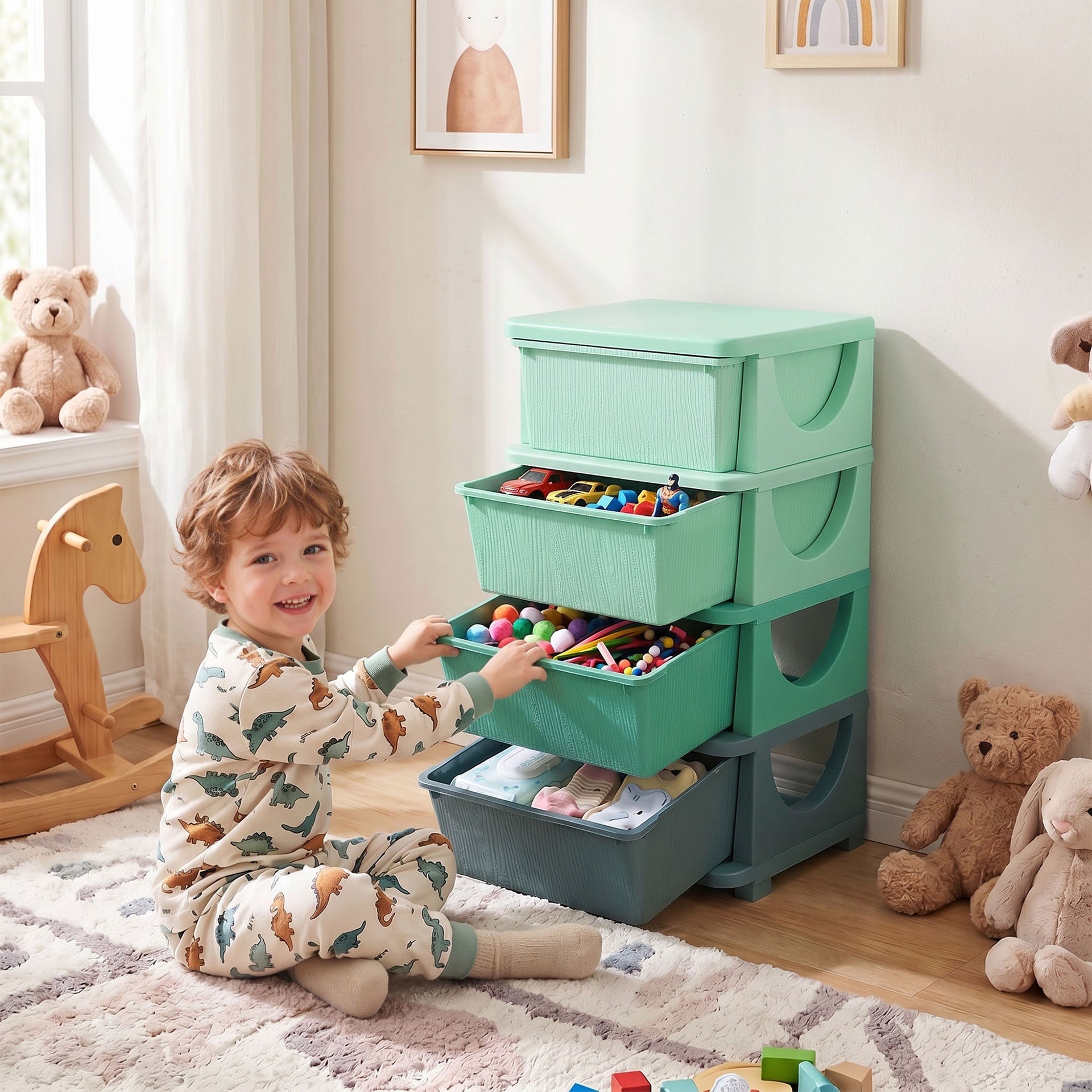 Qaba 4 Tier Kids Storage Unit, Toy Organizers and Storage with 4 Drawer for Bedroom Nursery Living Room for Boys Girls Green