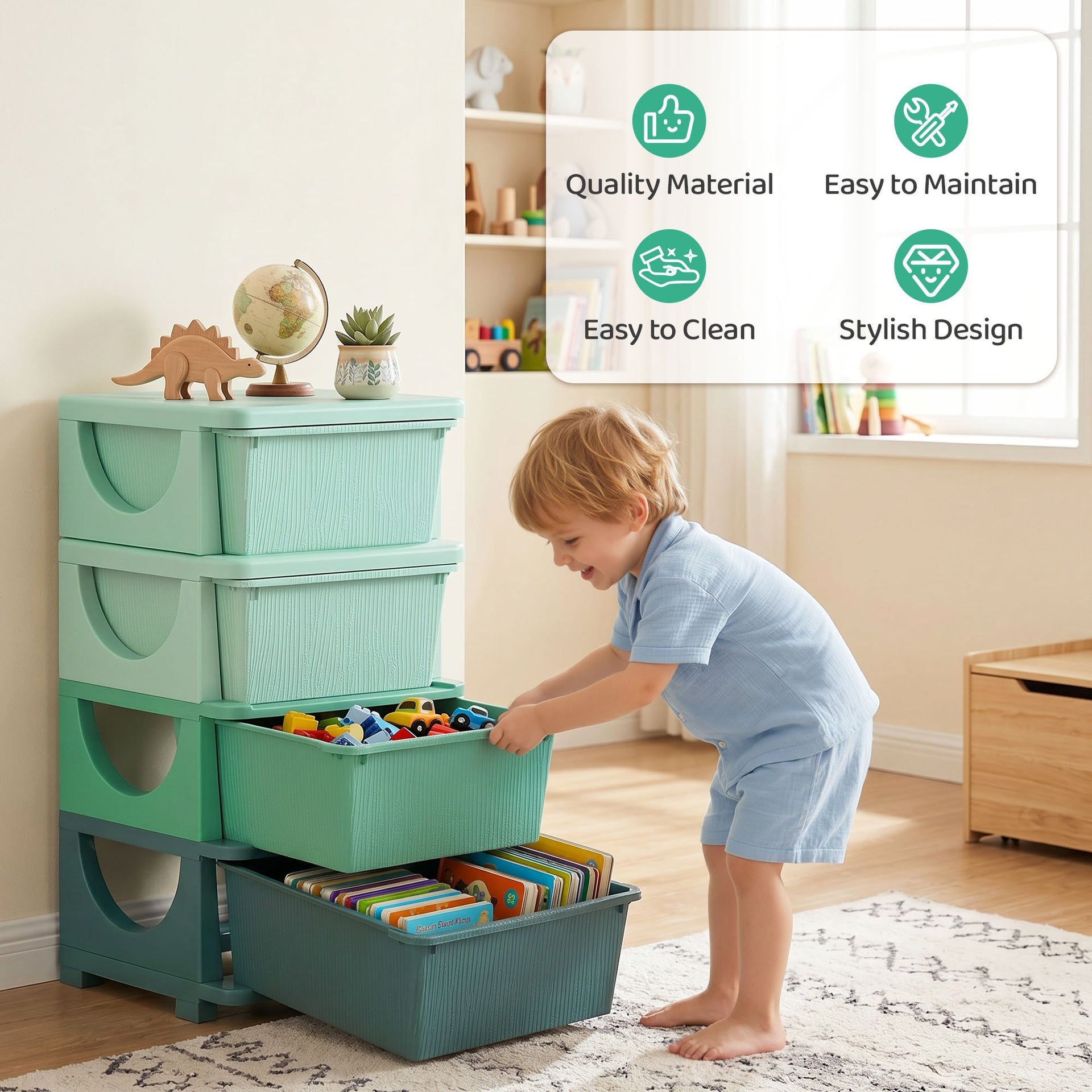 Qaba 4 Tier Kids Storage Unit, Toy Organizers and Storage with 4 Drawer for Bedroom Nursery Living Room for Boys Girls Green