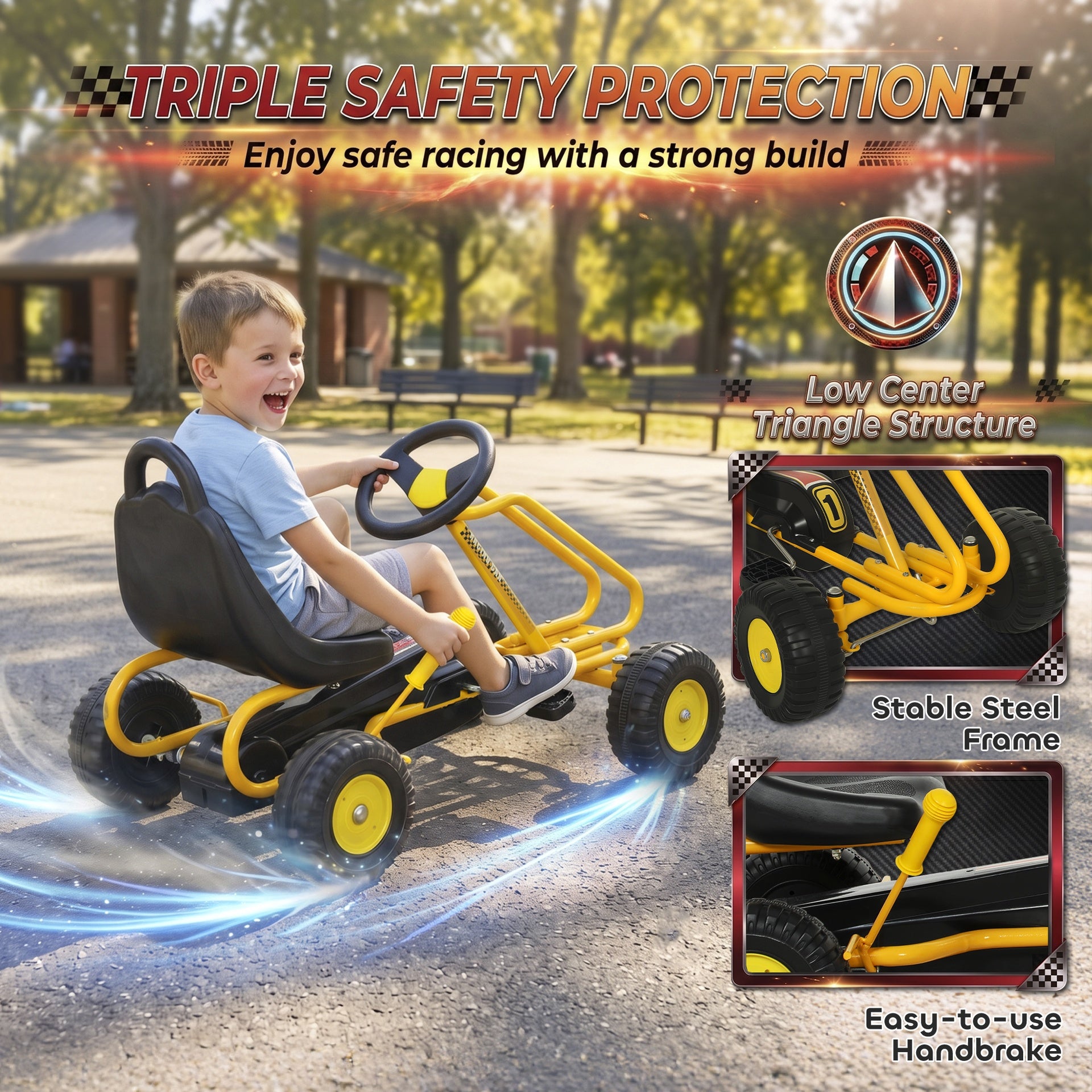 Qaba Go Kart for Kids, 4 Wheel Pedal Go Cart with Adjustable Seat, Safety Hand Brake for Boys Girls 3-6 Years, Yellow