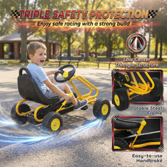Qaba Go Kart for Kids, 4 Wheel Pedal Go Cart with Adjustable Seat, Safety Hand Brake for Boys Girls 3-6 Years, Yellow