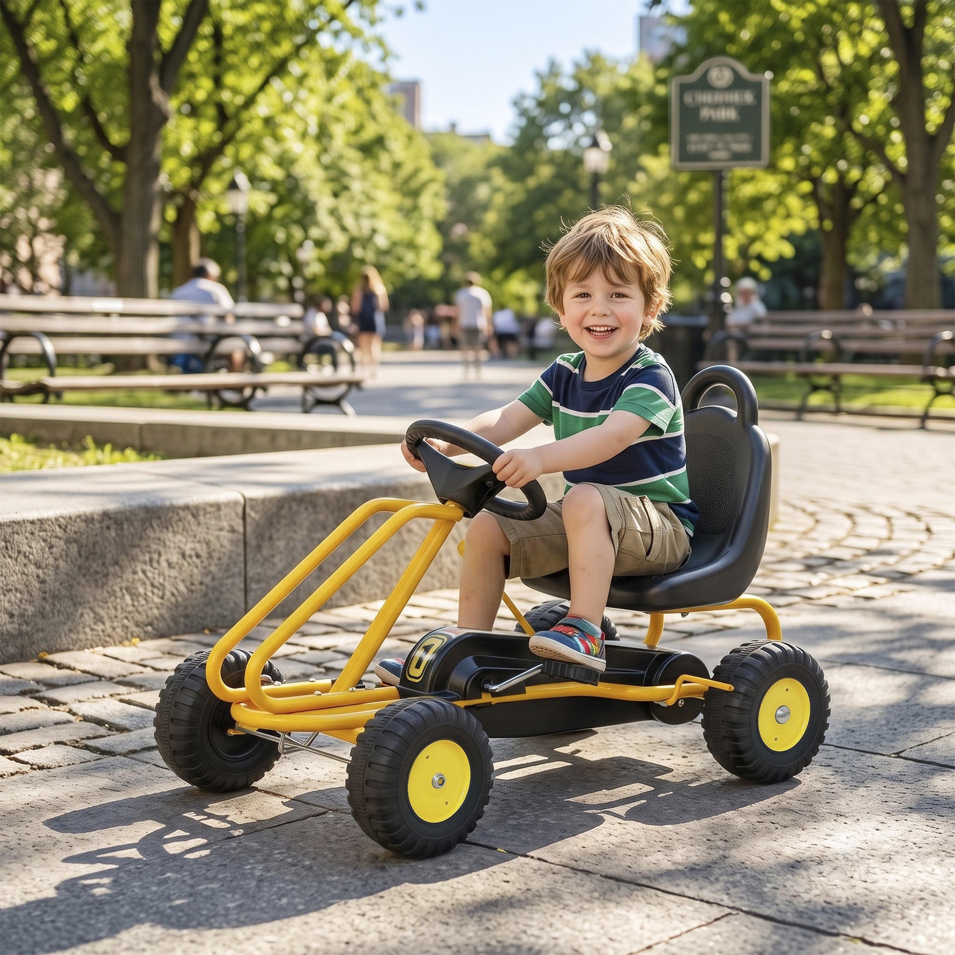 Qaba Go Kart for Kids, 4 Wheel Pedal Go Cart with Adjustable Seat, Safety Hand Brake for Boys Girls 3-6 Years, Yellow