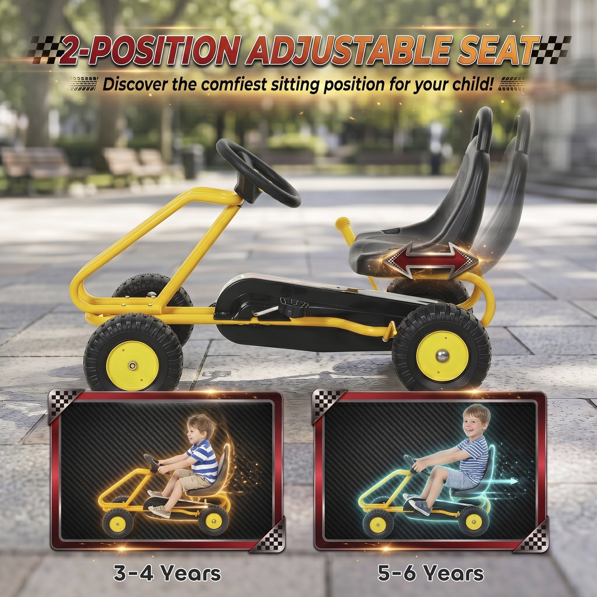 Qaba Go Kart for Kids, 4 Wheel Pedal Go Cart with Adjustable Seat, Safety Hand Brake for Boys Girls 3-6 Years, Yellow