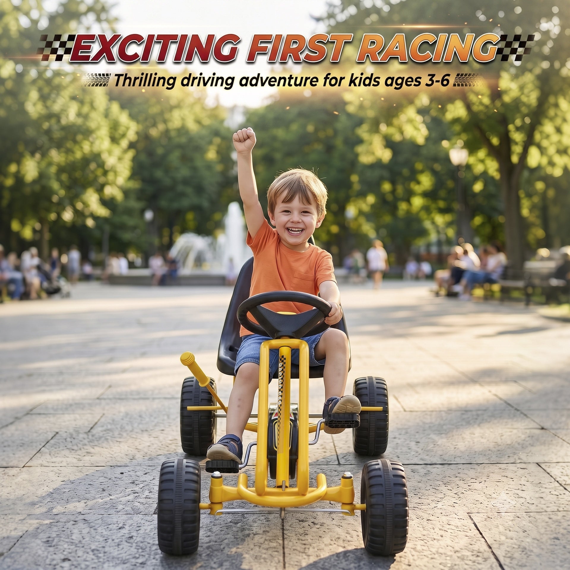 Qaba Go Kart for Kids, 4 Wheel Pedal Go Cart with Adjustable Seat, Safety Hand Brake for Boys Girls 3-6 Years, Yellow