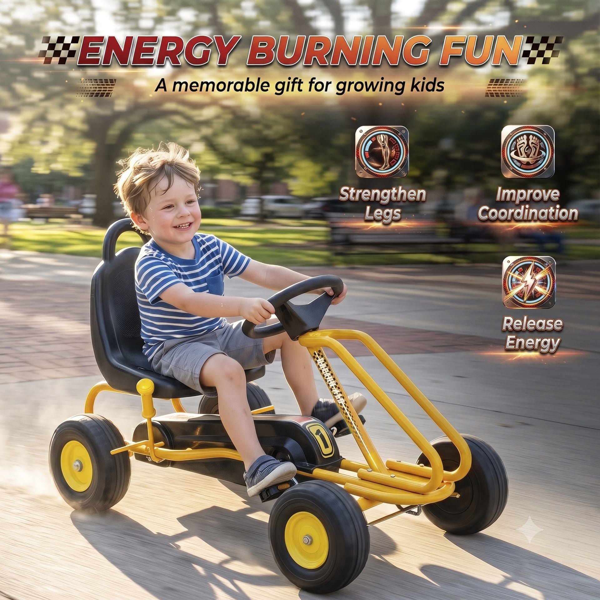 Qaba Go Kart for Kids, 4 Wheel Pedal Go Cart with Adjustable Seat, Safety Hand Brake for Boys Girls 3-6 Years, Yellow