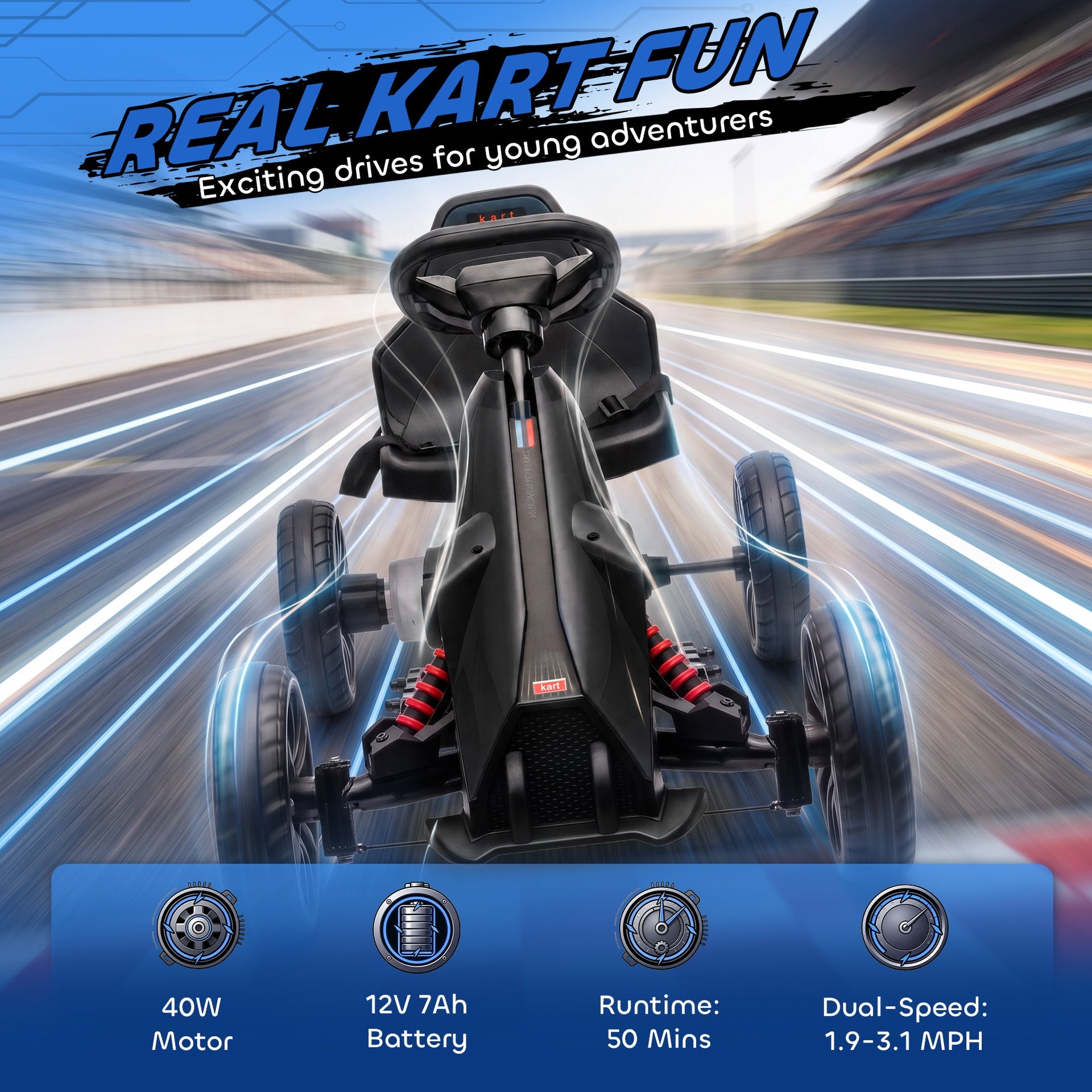 Aosom 12V Electric Go Kart for Kids, Ride On Toy with EVA Tires, 2 Speeds, Adjustable Seat, Safety Belt for 3-8 Years, Black