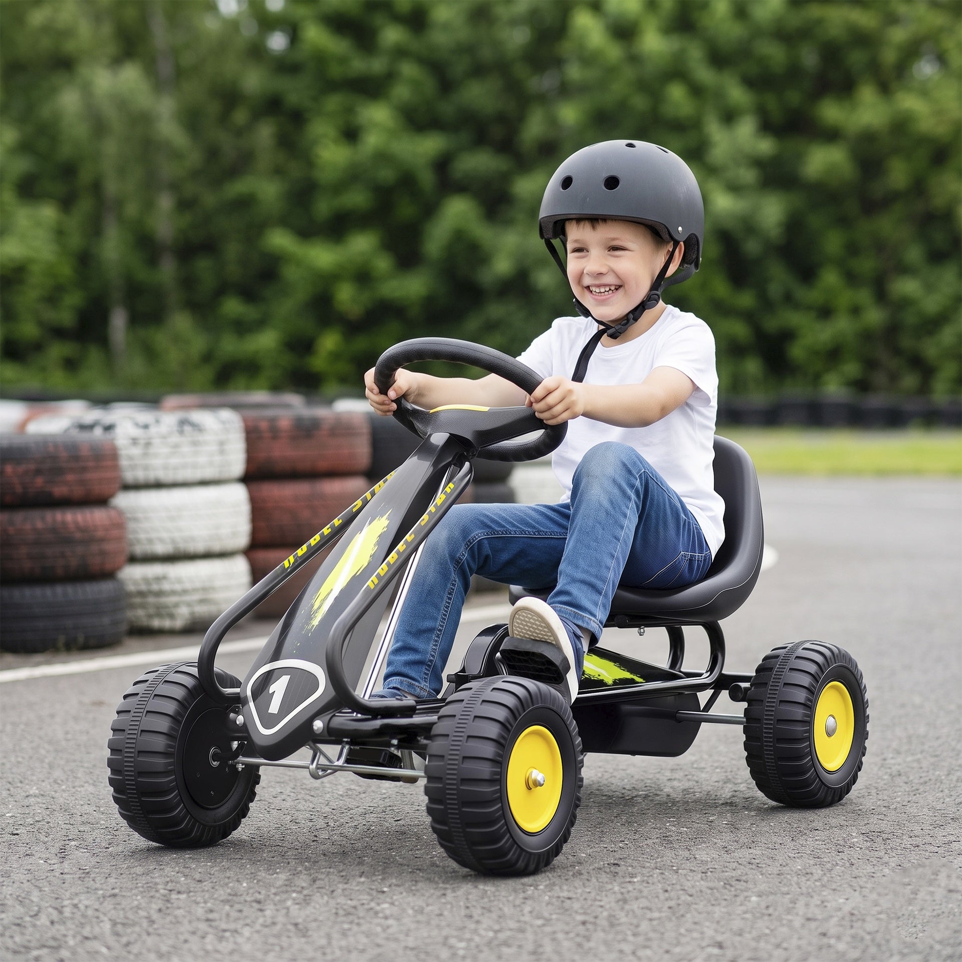 Qaba Pedal Go Kart for Kids with Adjustable Seat, Backrest, Outdoor Racer Ride On Pedal Car for Boys Girs 3-6 Years, Black