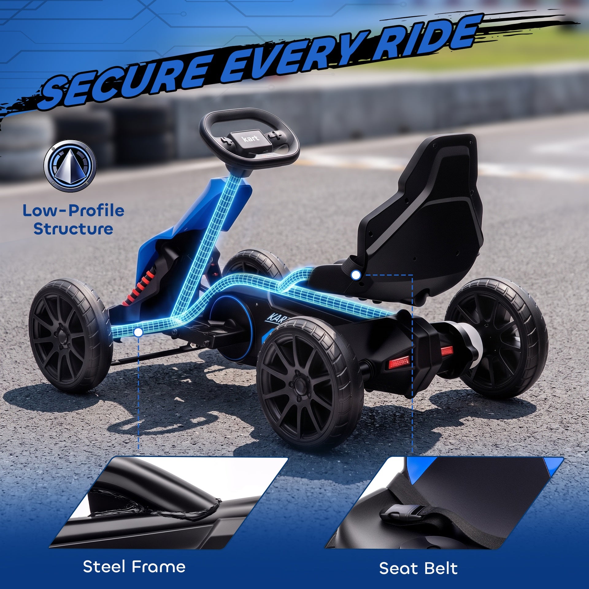 Aosom 12V Electric Go Kart for Kids, Ride On Toy with EVA Tires, 2 Speeds, Adjustable Seat, Safety Belt for 3-8 Years, Blue