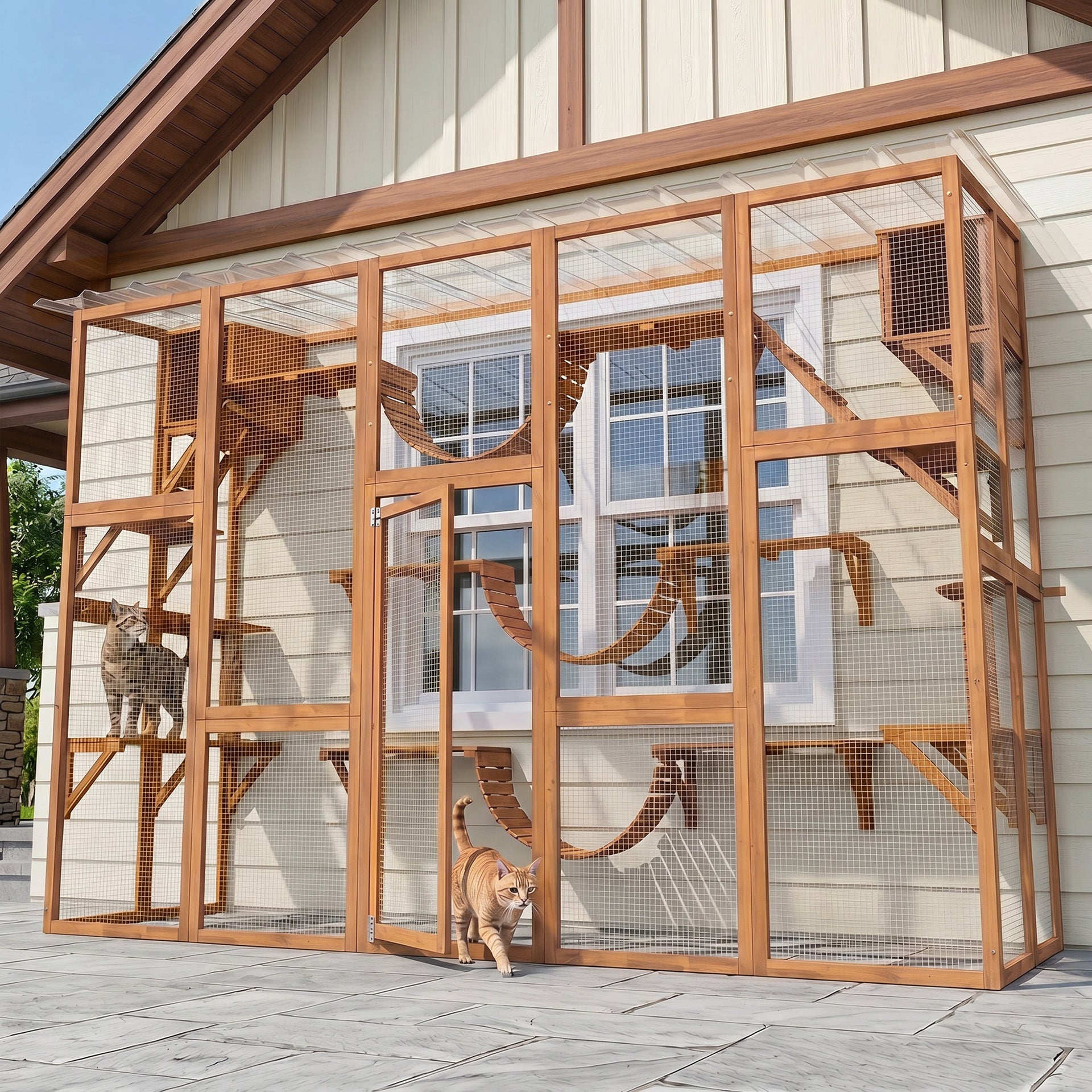 PawHut Catio Playground Cat Window Box Outside Enclosure for Multiple Cats w/ Shelves & Bridges, Orange