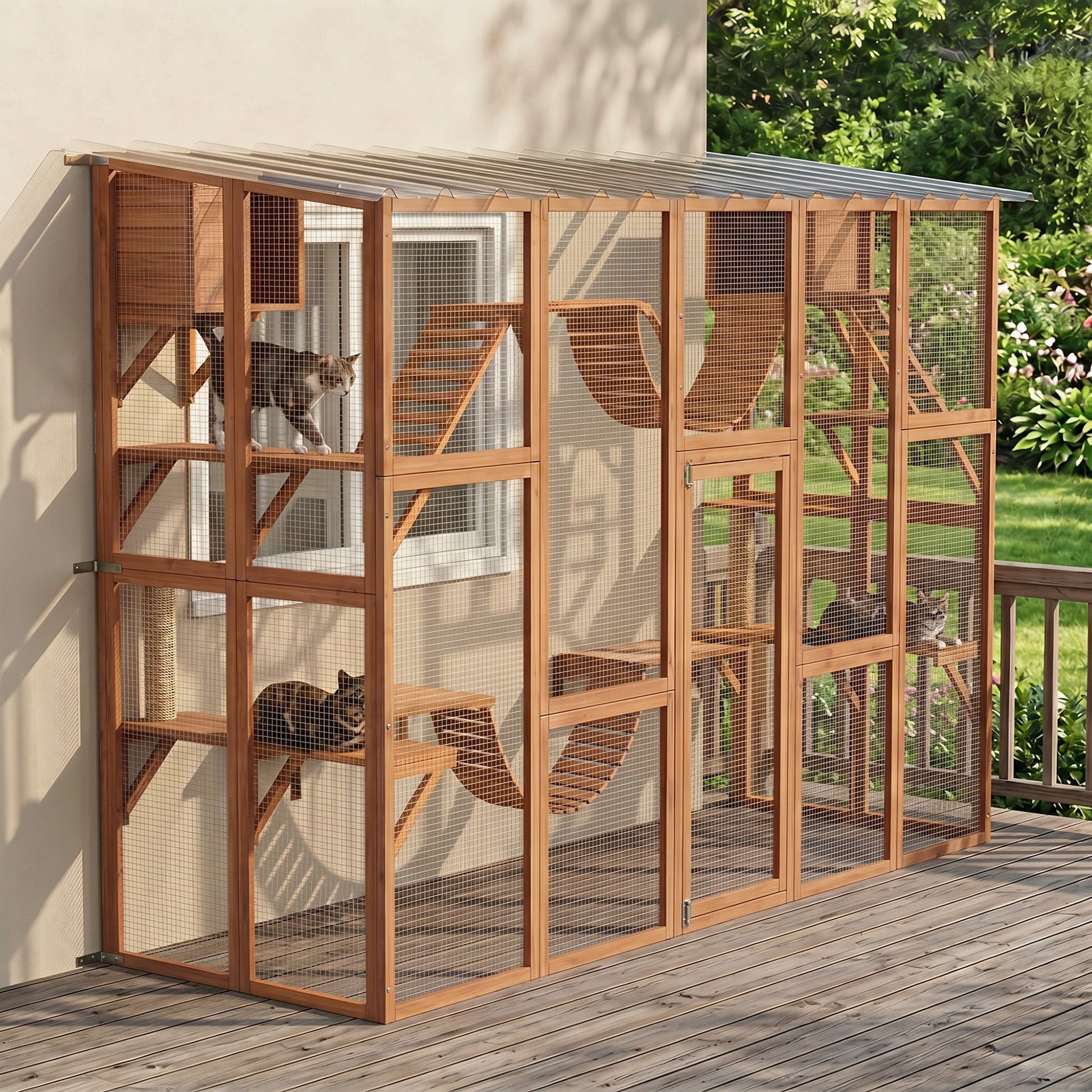 PawHut Catio Playground Cat Window Box Outside Enclosure for Multiple Cats w/ Shelves & Bridges, Orange