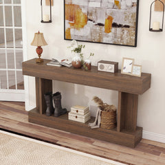 HOMCOM 63 Inch Long Console Table, Vintage Narrow Entryway Table with Storage Shelf for Living Room and Hallway, Brown