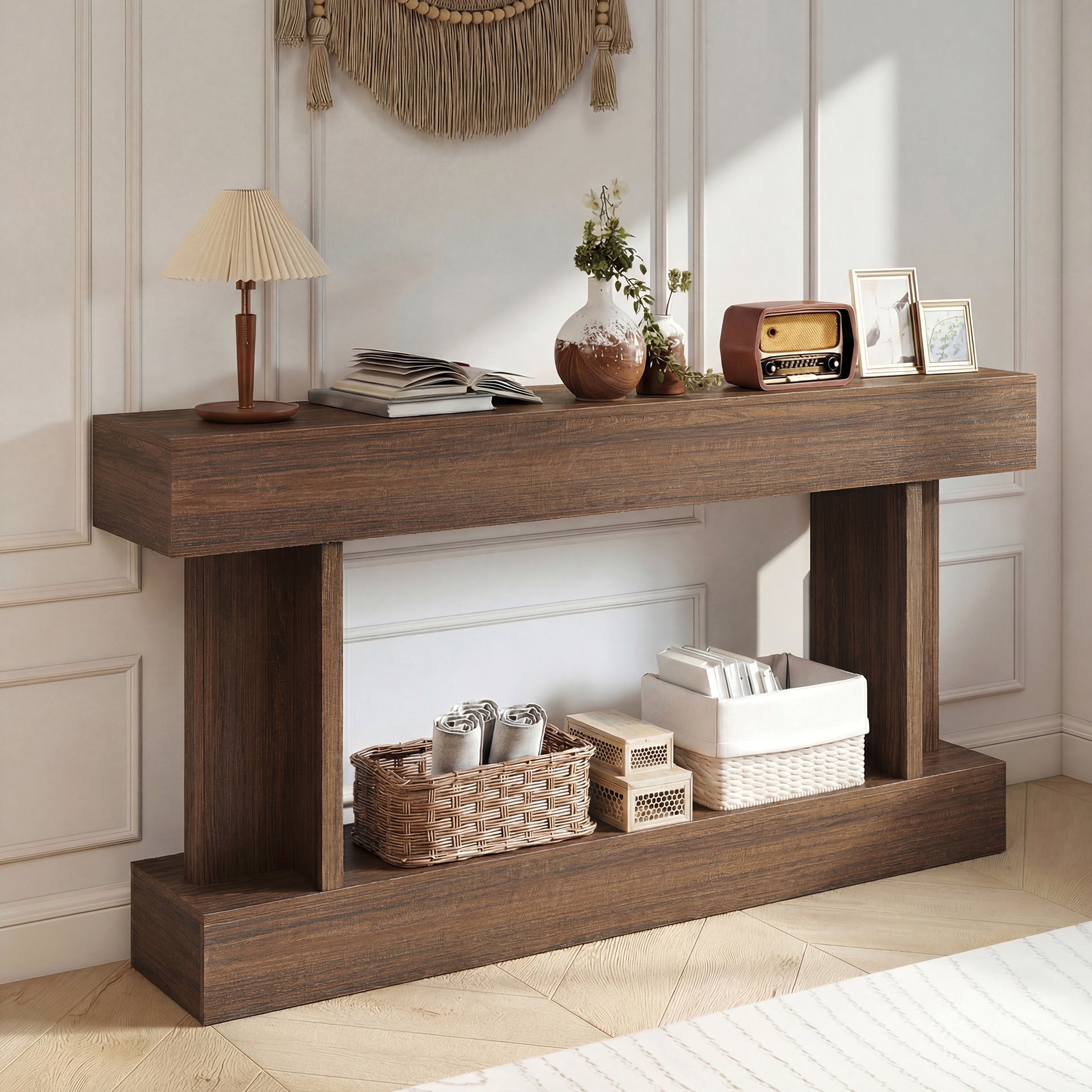 HOMCOM 63 Inch Long Console Table, Vintage Narrow Entryway Table with Storage Shelf for Living Room and Hallway, Brown