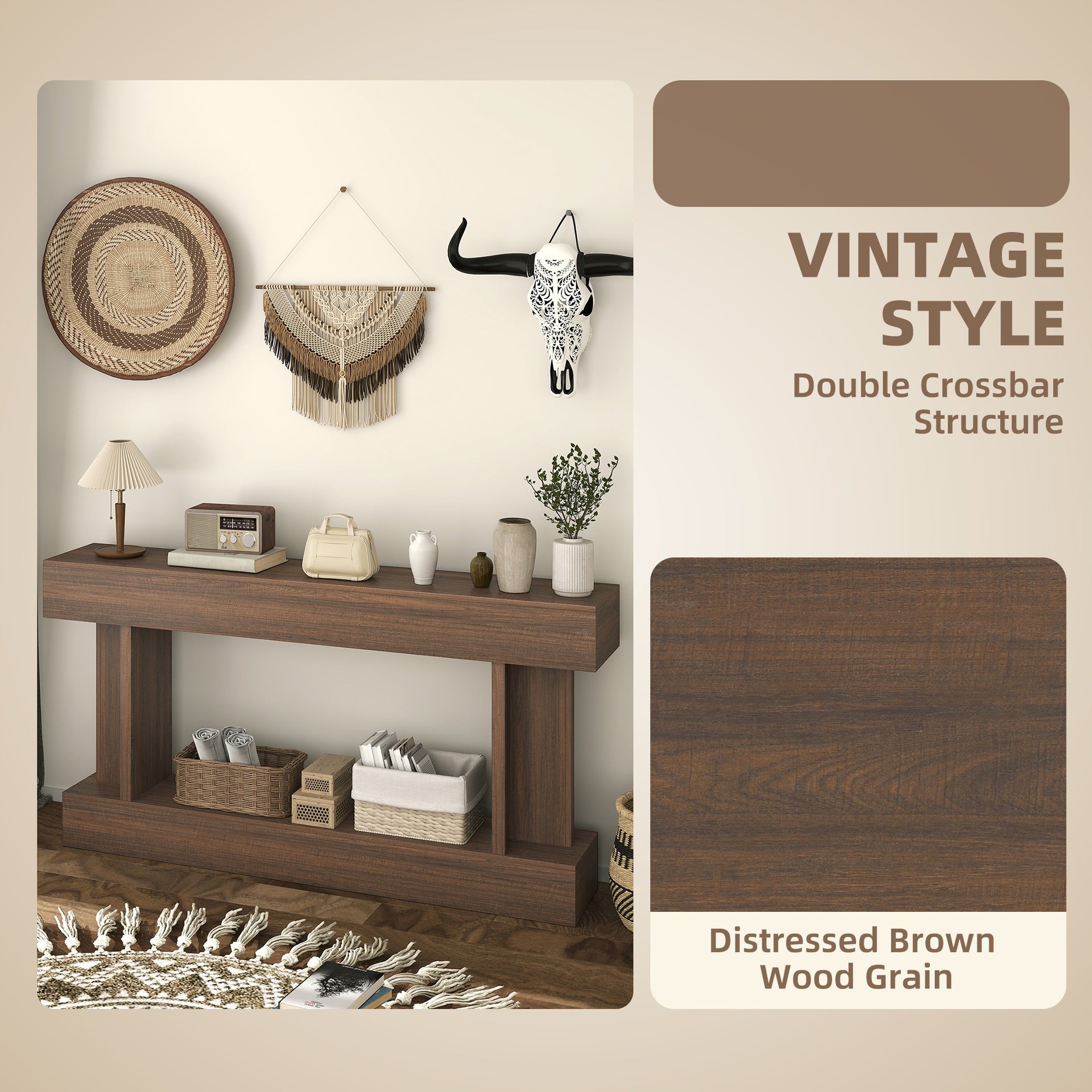HOMCOM 63 Inch Long Console Table, Vintage Narrow Entryway Table with Storage Shelf for Living Room and Hallway, Brown