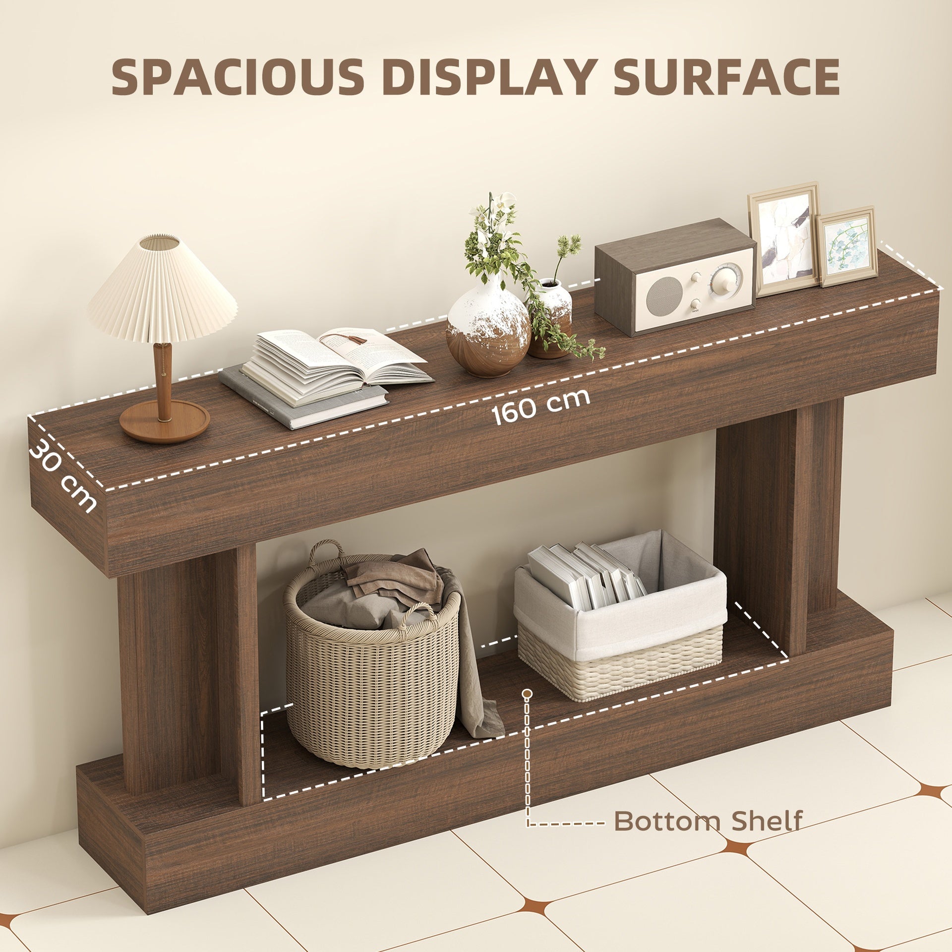 HOMCOM 63 Inch Long Console Table, Vintage Narrow Entryway Table with Storage Shelf for Living Room and Hallway, Brown
