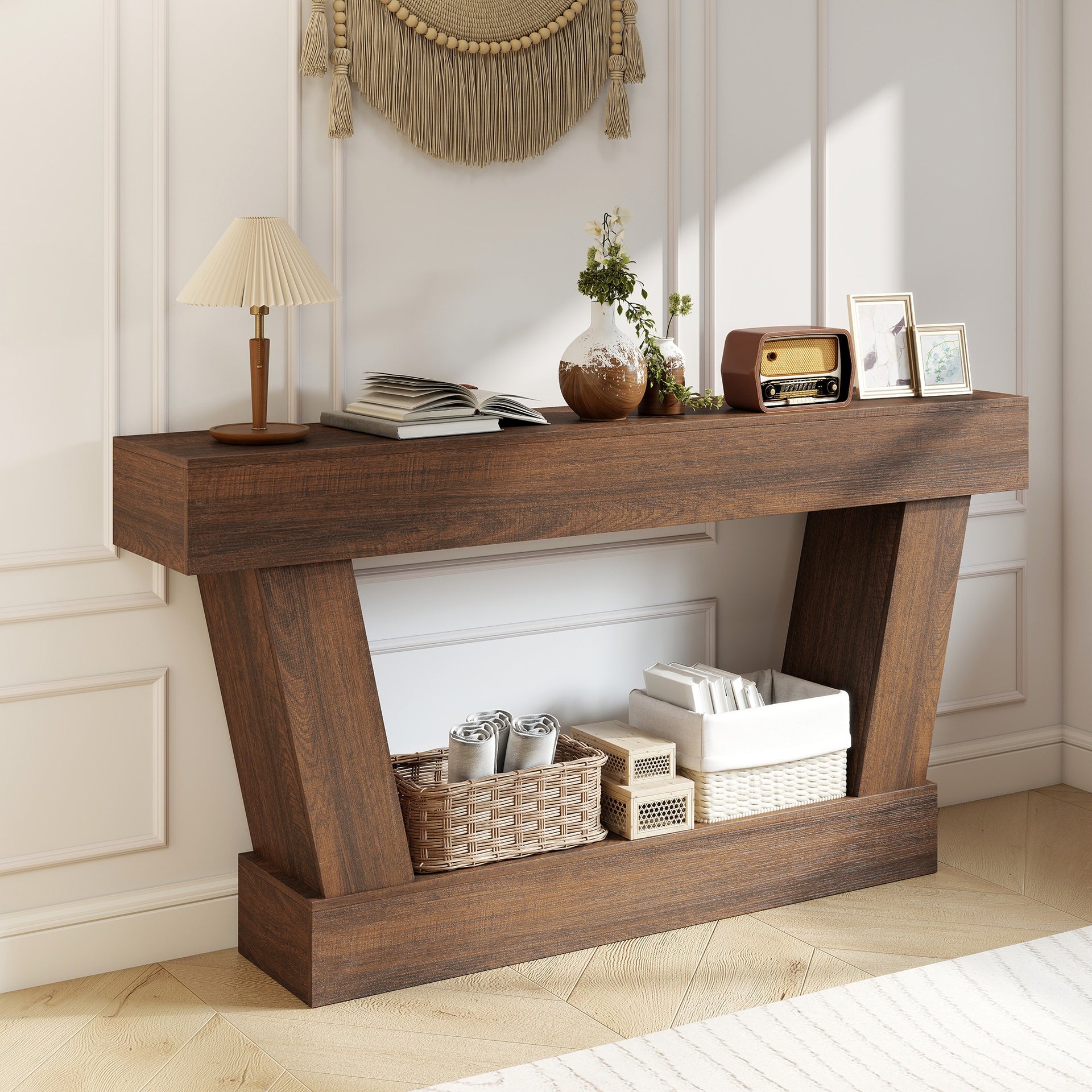 HOMCOM 63 Inch Vintage Console Table, Narrow Entryway Table with Open Shelf for Living Room, Brown