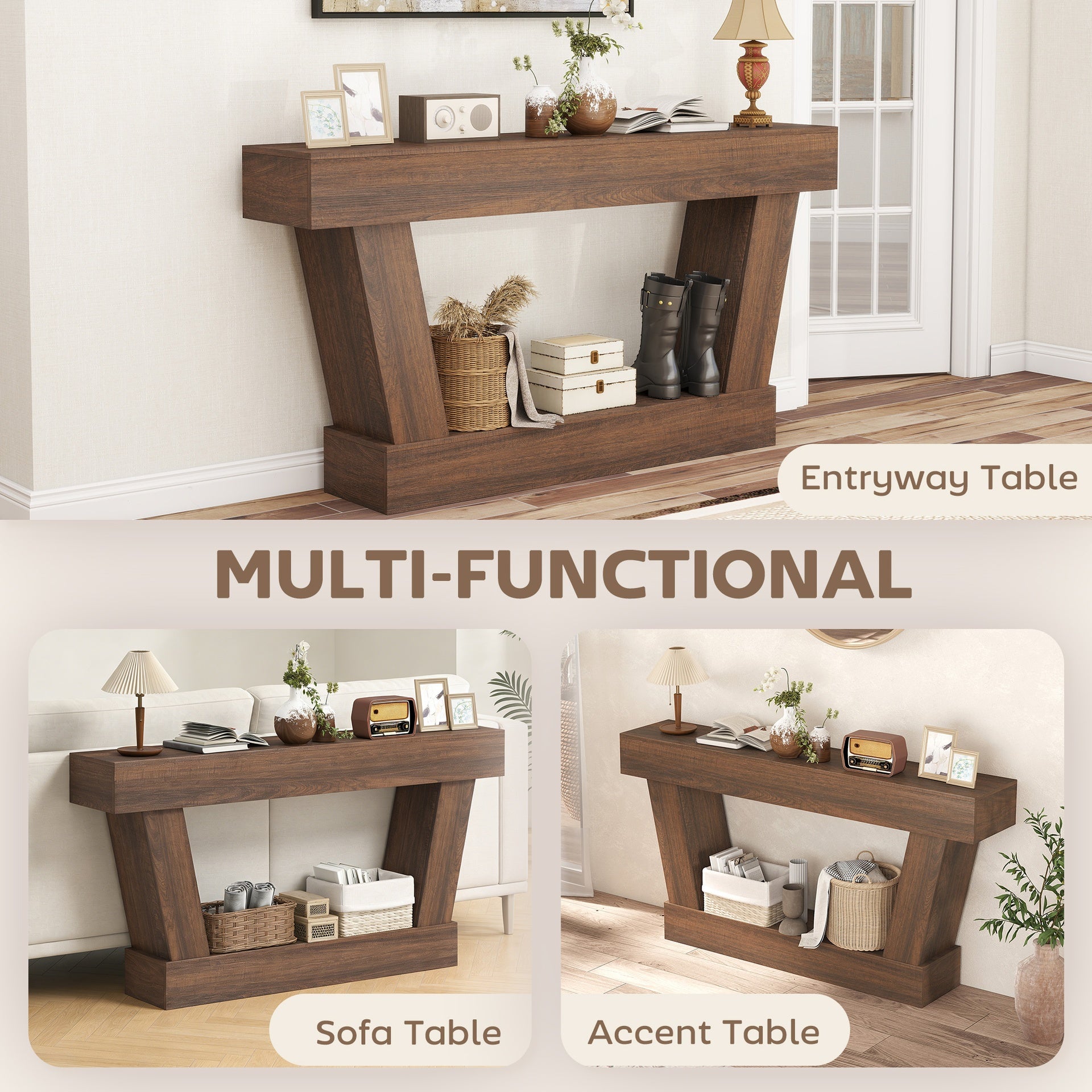 HOMCOM 63 Inch Vintage Console Table, Narrow Entryway Table with Open Shelf for Living Room, Brown